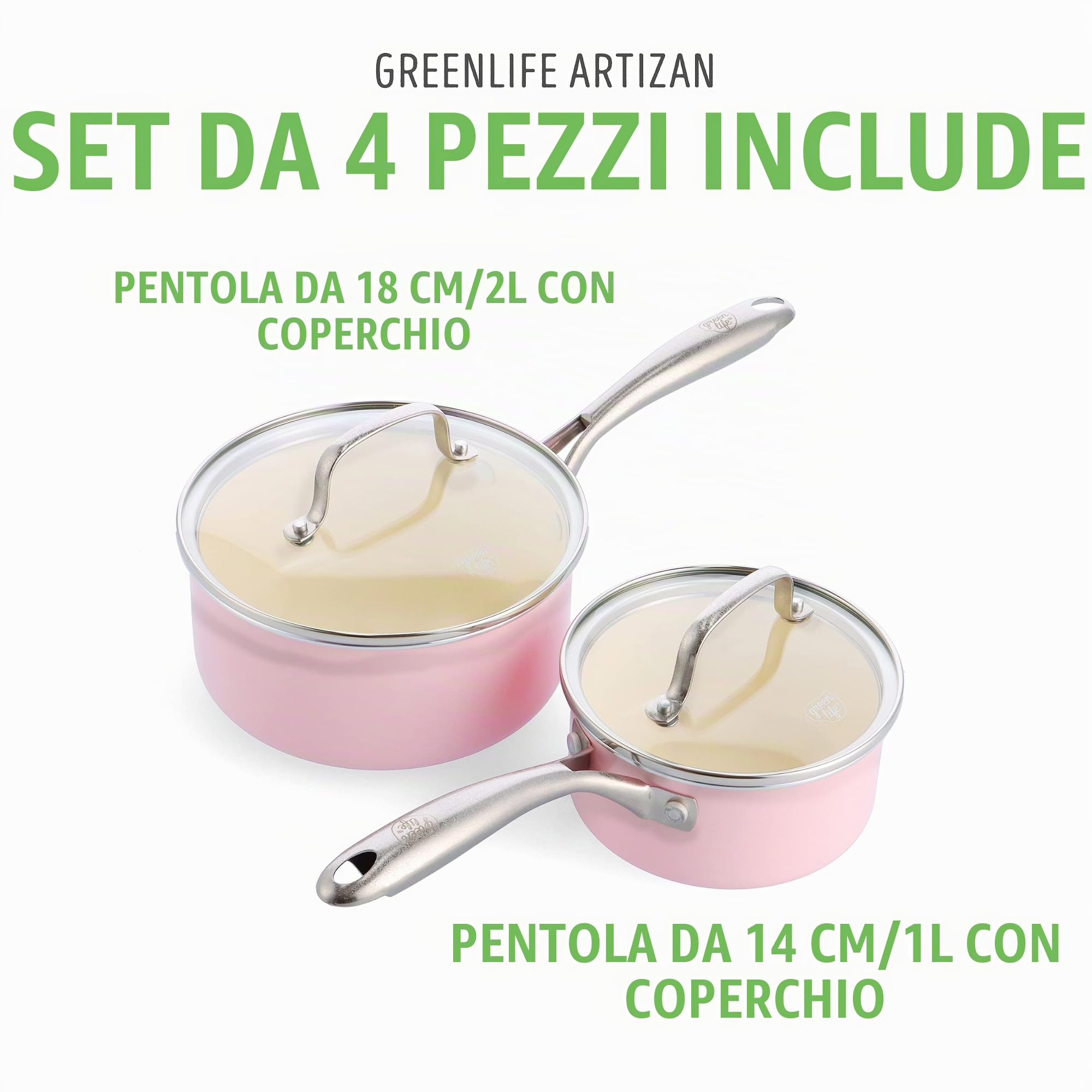 GreenLife Artizan Set di Pentole in Ceramica Antiaderente Sana da 14cm/1L e 18cm/2L, Senza PFAS, Manico in Acciaio Inox, Adatta all'Induzione, Lavabile in Lavastoviglie, Sicuro al Forno, Rosa