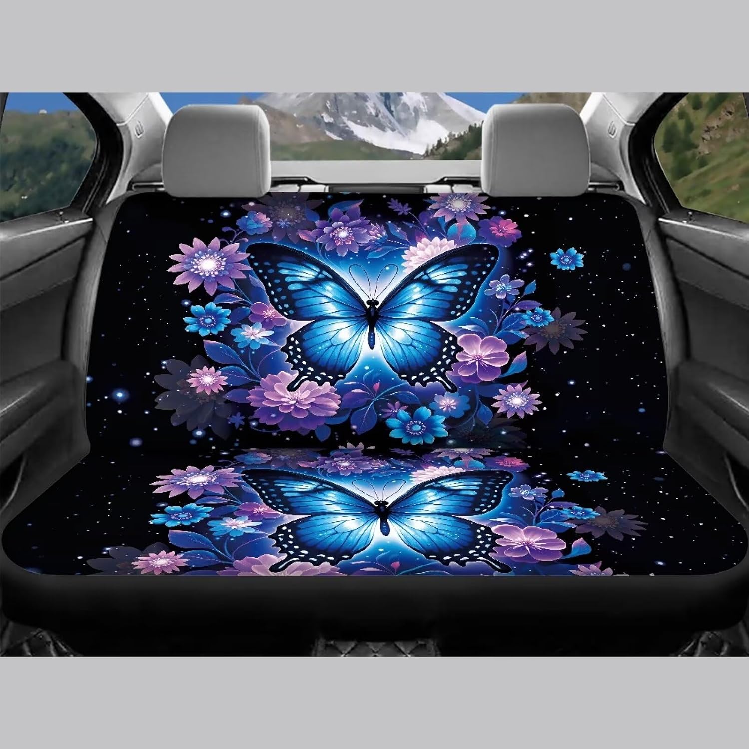 Blue Butterfly Flower Car Seat Covers Front Seats and Back Cushion Cover Stretchy Auto Interior for Cars, SUVs,Trucks - 4 Pieces Vehicle Cushion Protector
