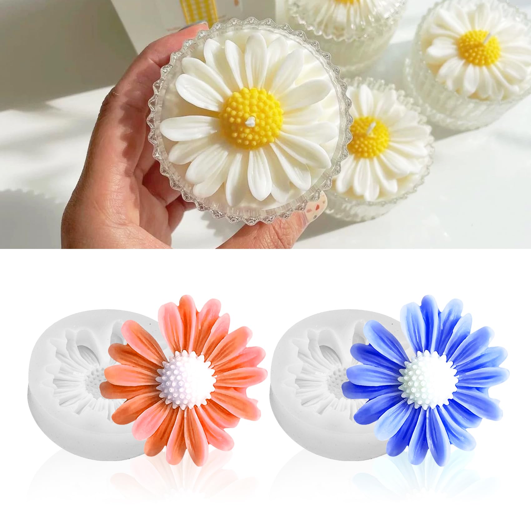 MGLIFEUL 2Pcs Flower Daisy Valentine Silicone Candle Making molds Silicone Flower Shapes Candle Wax Mold for Candles Making florally moldes de