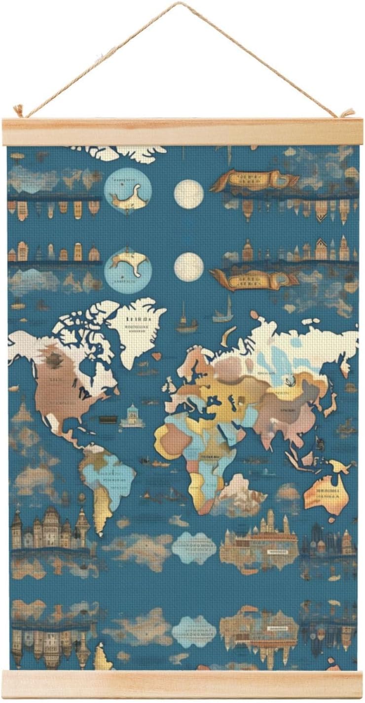 World Map Pattern Print Poster Hanger,Hanging Poster, Poster Frame,Wood Poster Hanger, For Wall Hanging