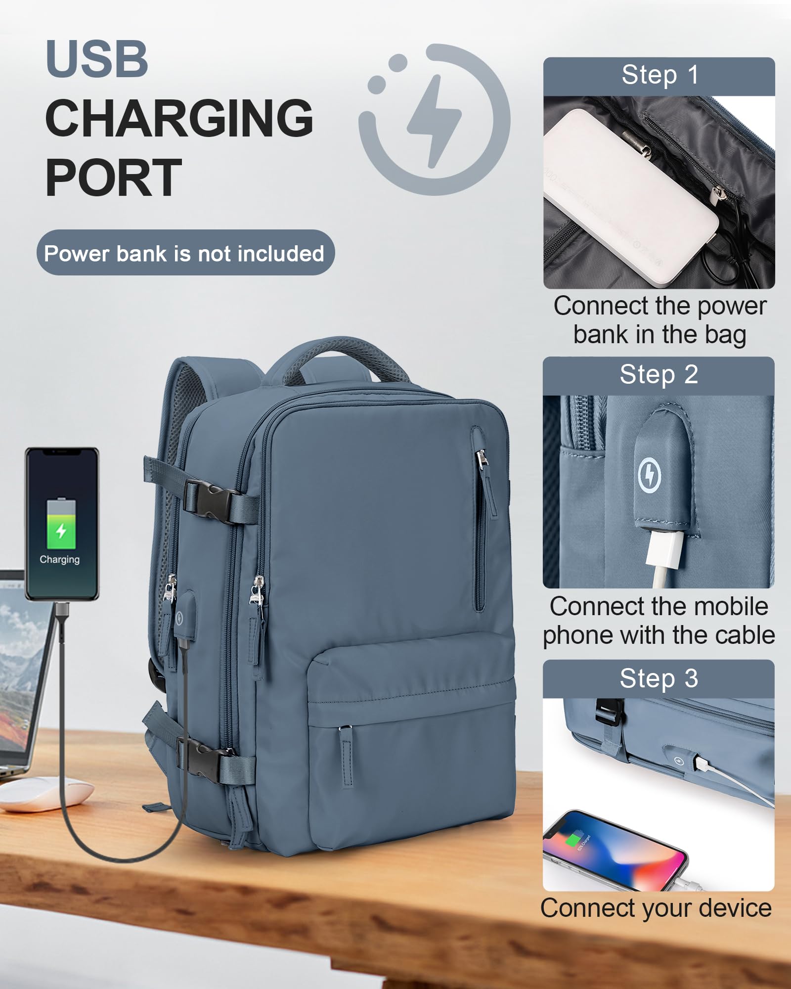 BJLFS Borse da Cabina per Ryanair 40×20×25 Bagaglio a Mano Easyjet 45×36×20 Borsa Zaino da Viaggio, Zaino da trekking,Zaino Casual per laptop da 14 pollici per scuola con porta di USB