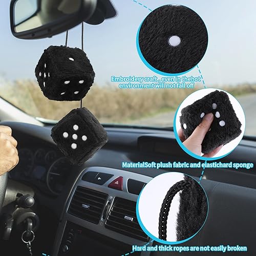 Miniatura 2 de Dados peludos para espejo de automóvil, par de dados retro de 2.75 pulgadas para espejo retrovisor con puntos blancos para decoración de interior de