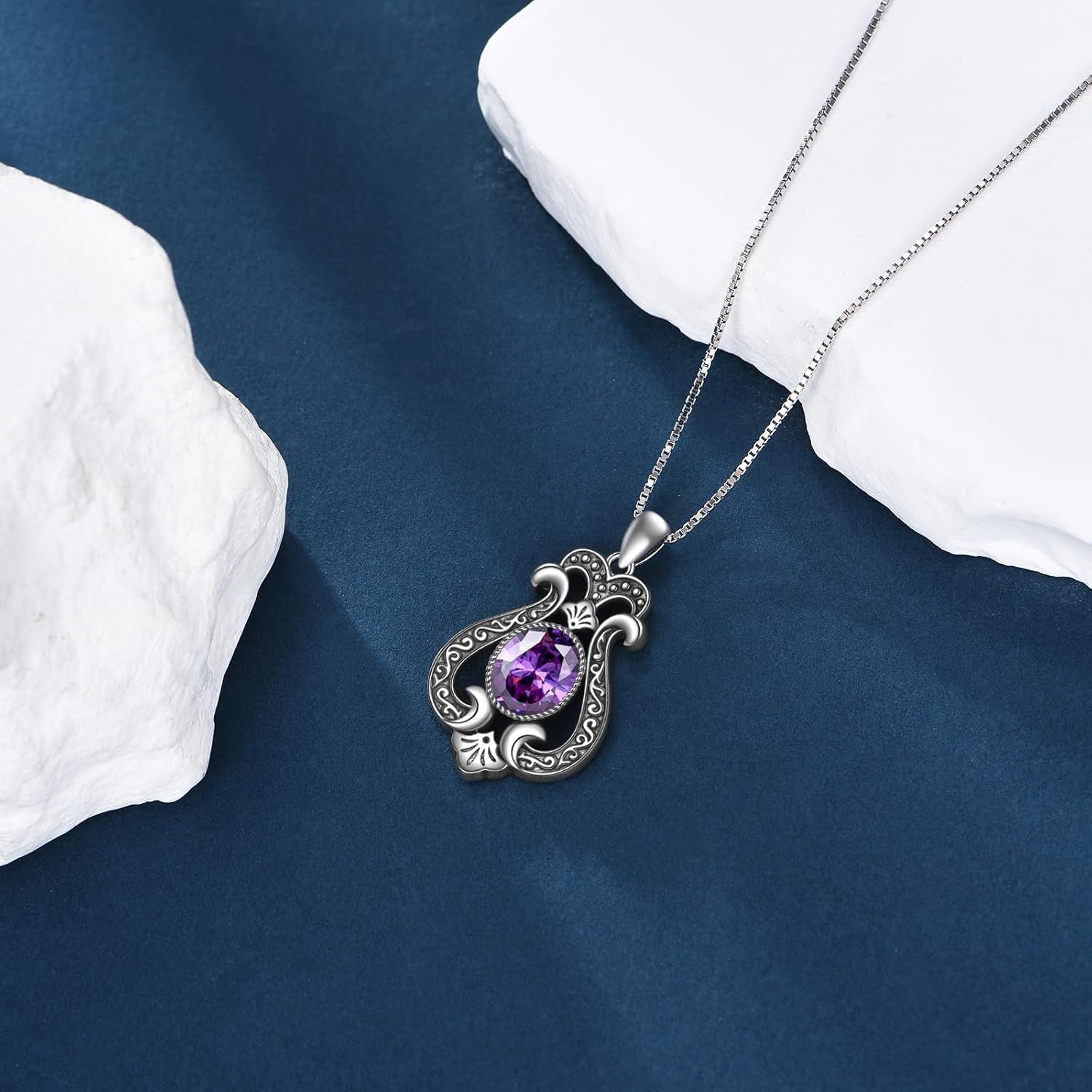 Vintage Amethyst Necklace for Women, Sterling Silver Victorian Filigree Pendant Boho Jewelry for Her, Mom, Grandma