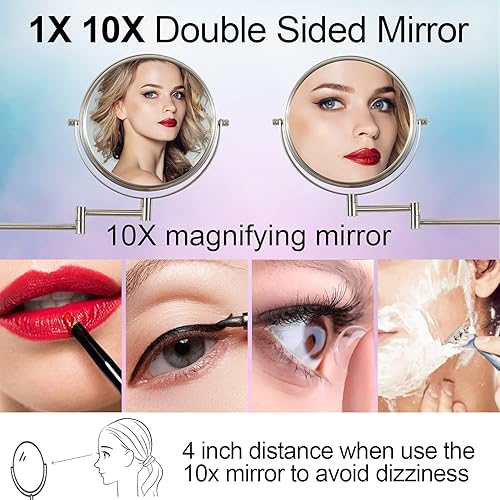 Miniatura 7 de LANSI Espejo de maquillaje montado en la pared, espejo de aumento de doble cara 1x10x, espejo de tocador de 8 pulgadas, espejo de pared de brazo