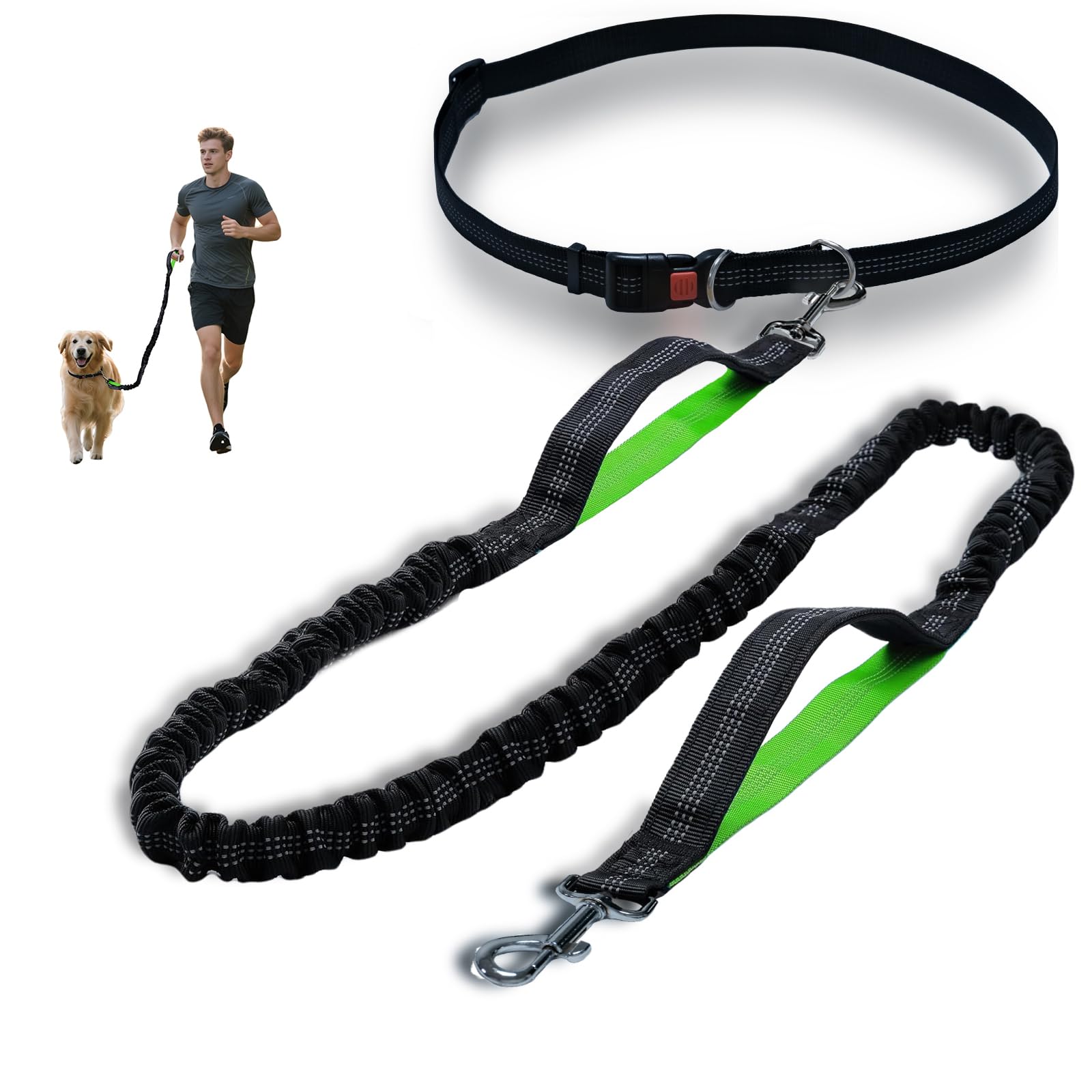 W-UNERVERE Hands Free Dog Leash with Reflective Stitches for Large, Medium & Small Breeds | Running Leash for Dogs with Shock Absorbing Bungee & Adjustable Waist Belt | Up to 150 lbs Weight Capacity