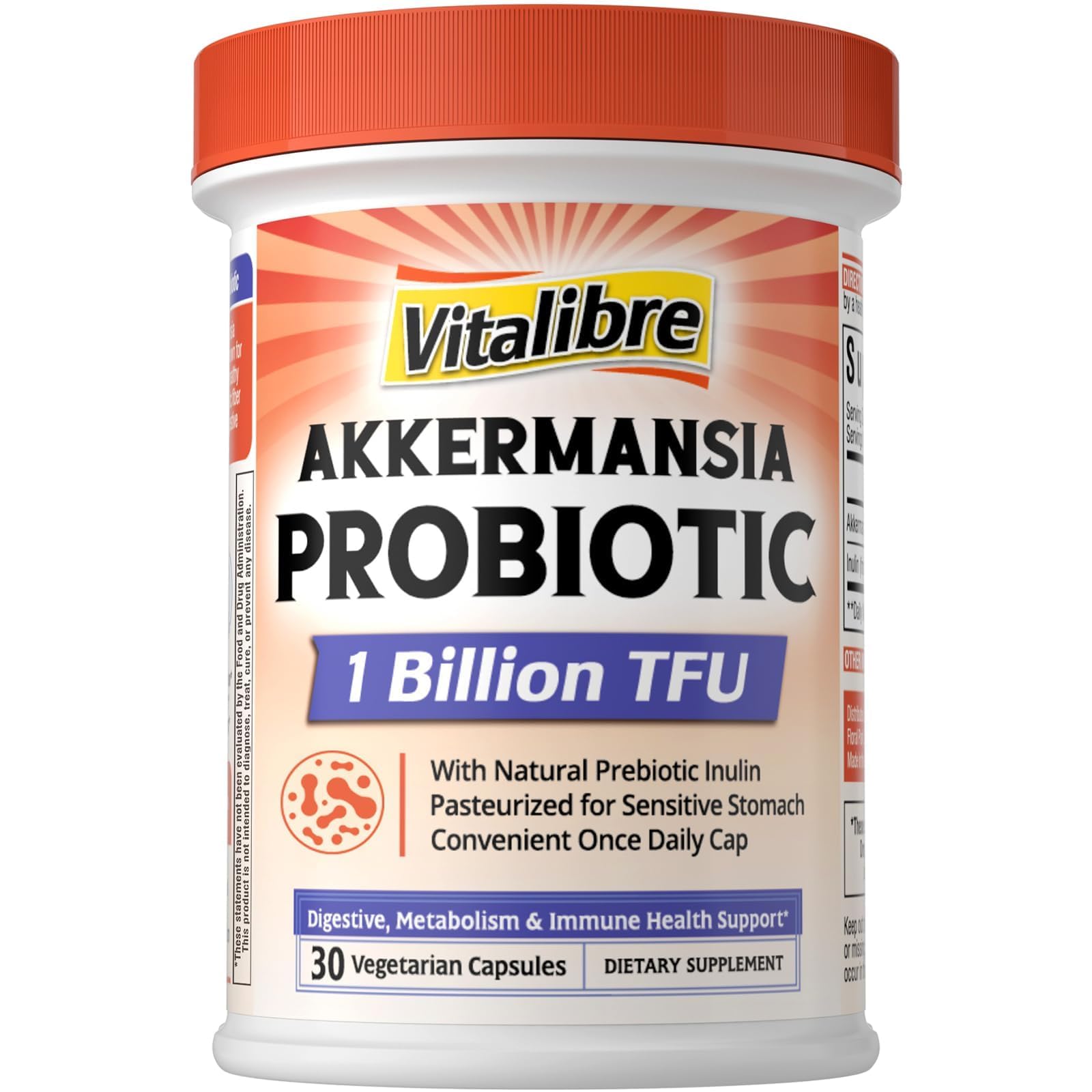 Vitalibre Akkermansia Muciniphila Probiotic 1 Billion TFU, w/Natural Prebiotic Inulin, Naturally Increases GLP-1, Healthy Digestion & Metabolism, Probiotic Supplement for Women & Men, 30 Capsules 30 Count (Pack of 1)