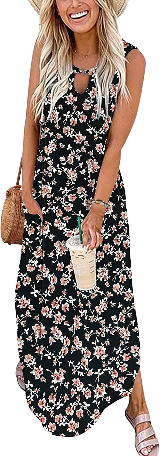 MISFAY Women's Summer Maxi Dress Sleeveless Casual Loose Long Beach Split Dresses with Pockets