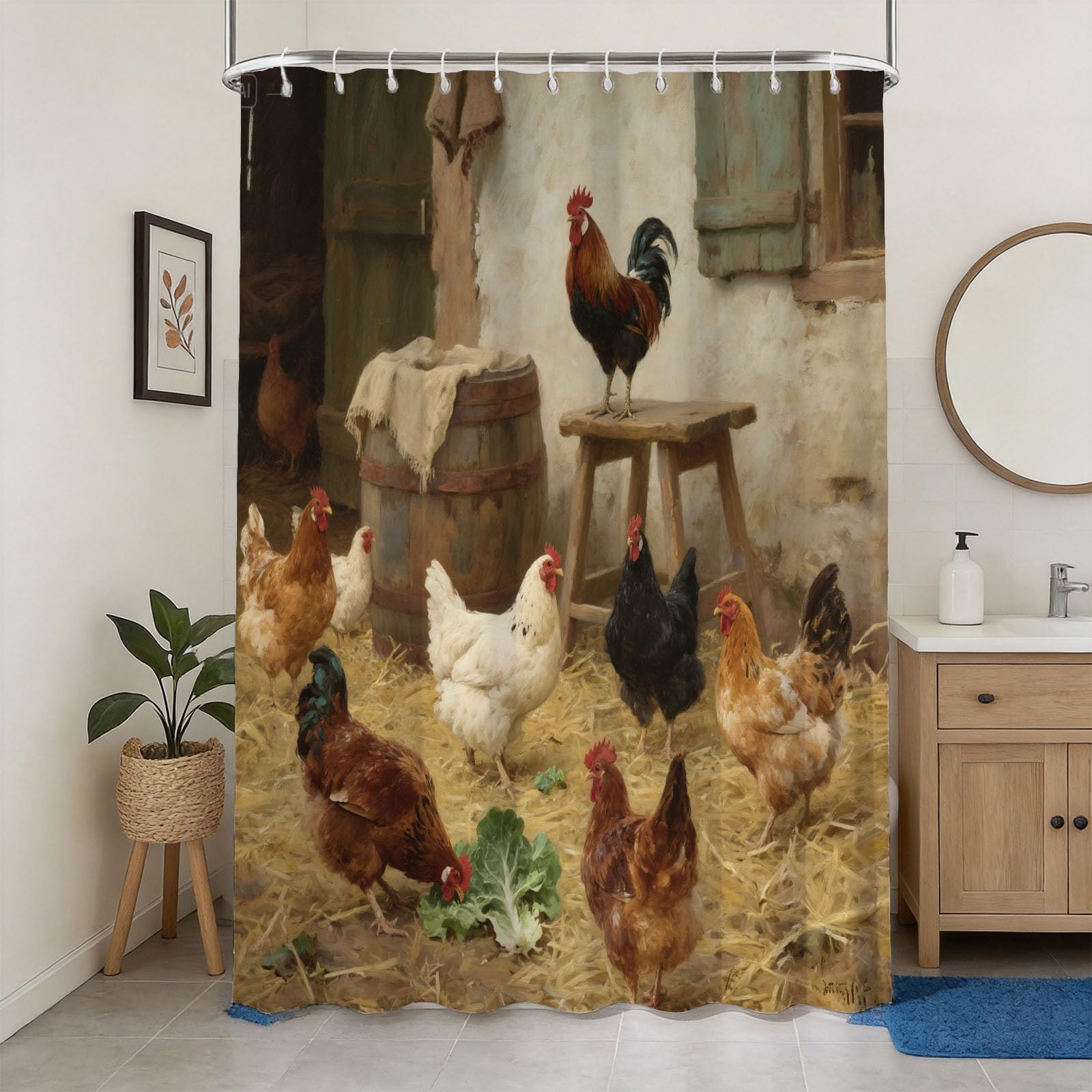 Hongduo 3D Chicken Shower Curtain for Stalls Bathtubs Oil Painting Style Bathroom Decor Shower Curtain Set Polyester Fabric Waterproof 180x180cm/71X71 Inch with Hooks