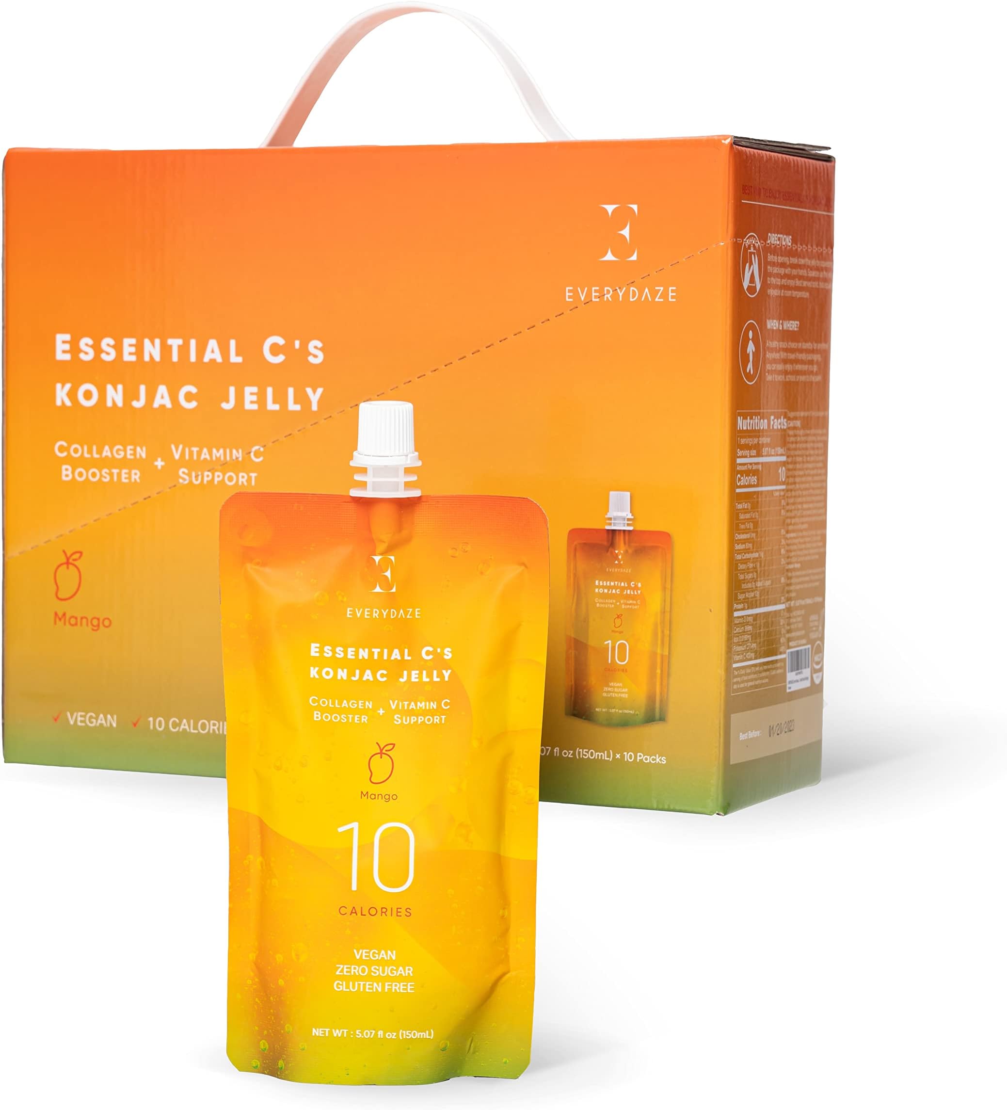 E EVERYDAZE Essential C’s Collagen + Vitamin C Konjac Jelly | Vegan, 10 Calories, 0 Sugar | Mango | 10 Packs | Healthy Diet Pouch Drinkable Snack Drink, Weight Management