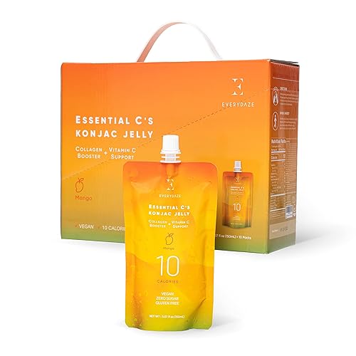 EVERYDAZE Essential C’s Konjac Jelly | Mango | Vegan Collagen Peptides and Vitamin C | Gluten Free, Sugar Free, Low Calorie | Healthy Drinkable Fruit Snack | 10 Pack Box Food Drink Pouch - Mango