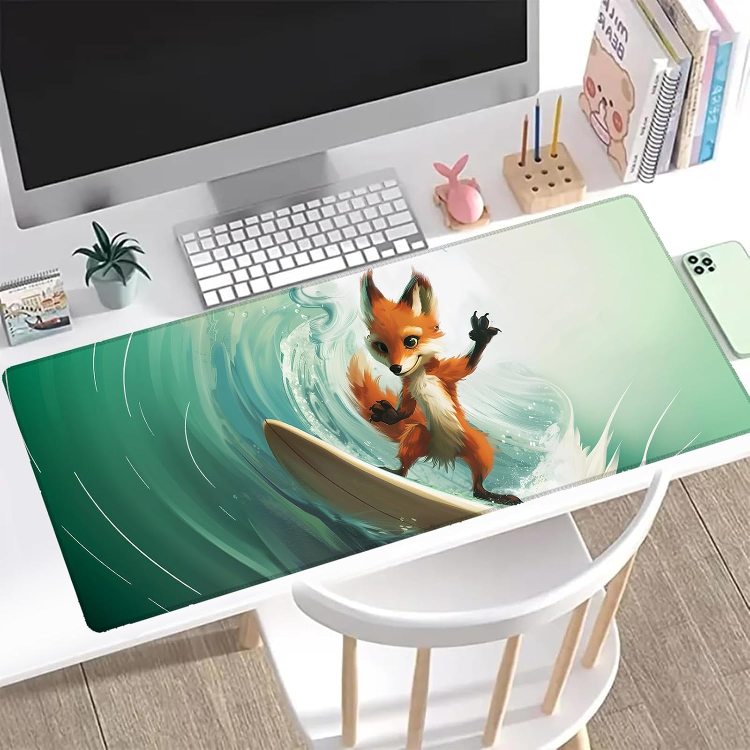 Surfing Fox Gaming Mouse Pad, Office Desk Mat, Anti-Slip Rubber Base Cool Aesthetic Mouse Pads for Computer Laptop Keyboard School Home Desktop Gamer Home Accessories Decor 31.5" x 11.8"