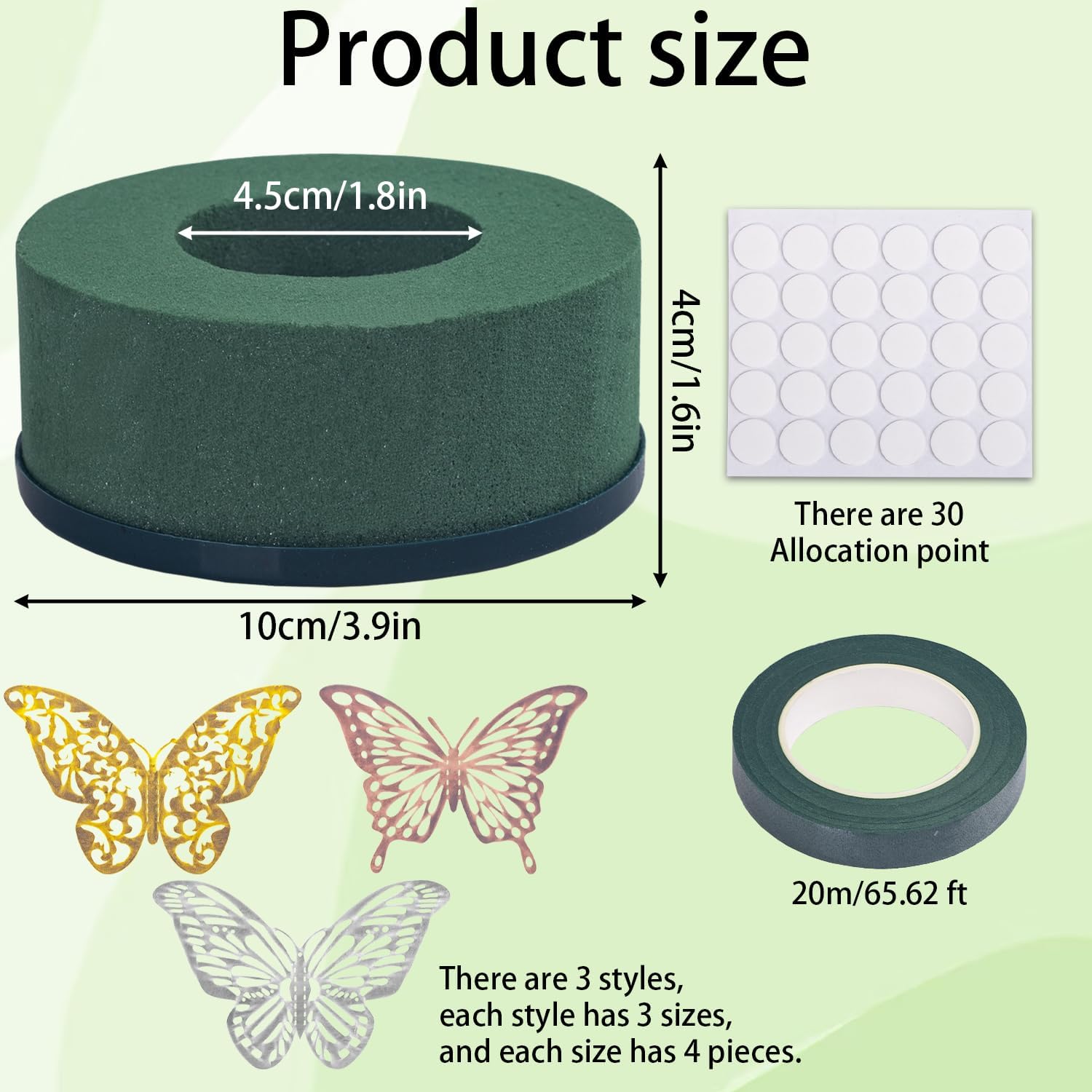 Floral Foam Wine Bottle Holder – 6 Pack Mini Round Floral Foam with Plastic Base, 12 Butterfly Charms, Floral Tape & Glue Dots for Wedding, Party, and Table Centerpiece Decor, Green