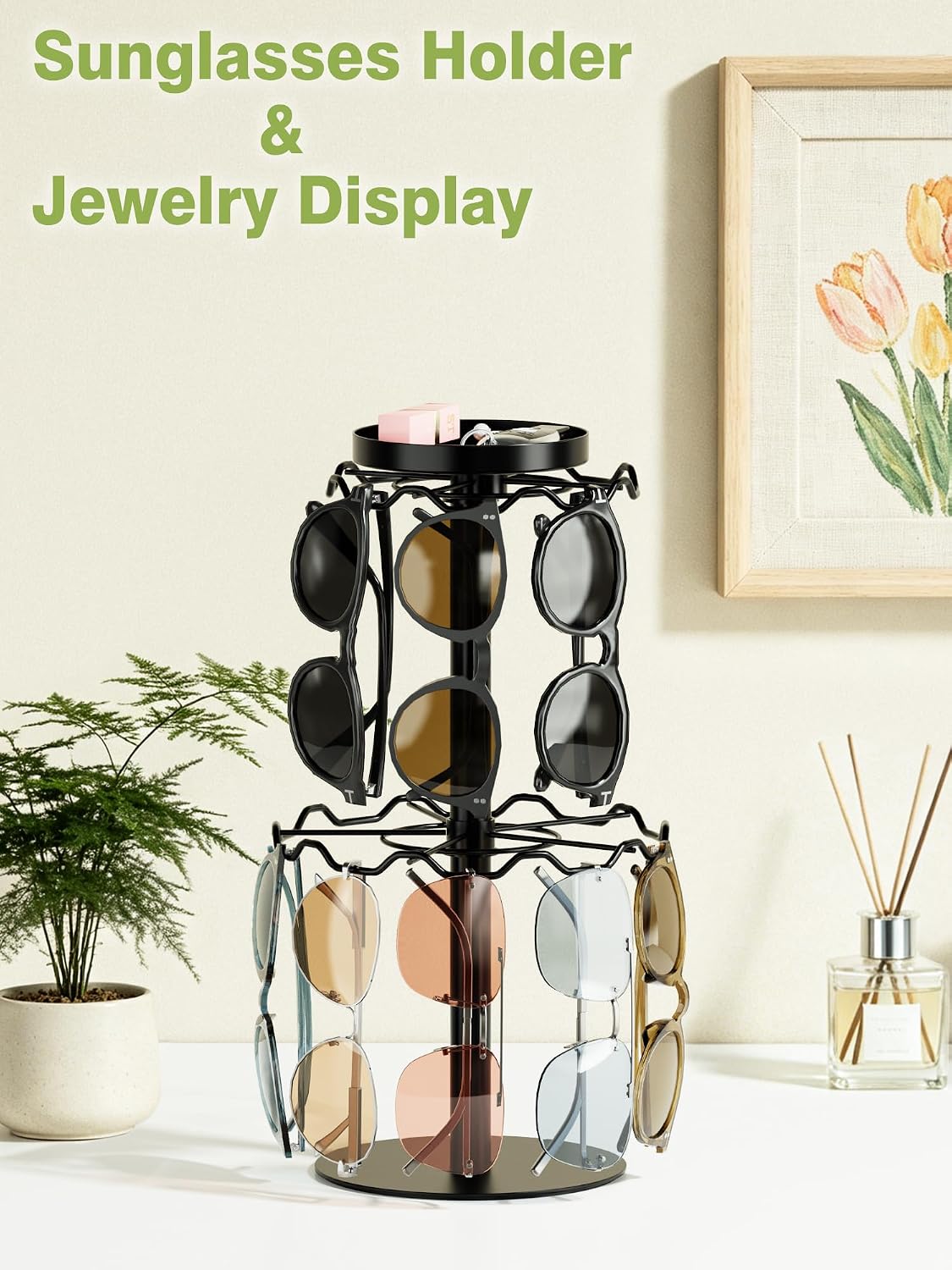 2-Tier Rotating Metal Glasses Organizer Holder, Stainless Steel with Tray | Holds 18 sunglasses, 360° rotating, grooved slots, top storage tray, 2-screw assembly, stable metal, non-slip base.