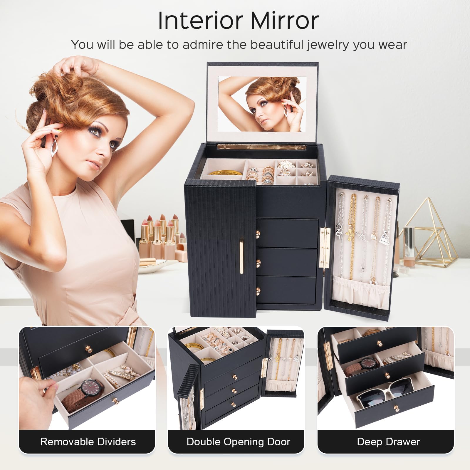 Dajasan Large Jewelry Box for Women, Jewelry Organizer Box with 3 Drawers, Jewelry Storage Organizer with Mirror for Necklace Ring Bracelet Watch, Gift Idea, 8.7 x 7.5 x 9.8 Inches (Black)