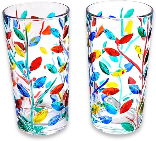Vasos altos de vidrio italiano, juego de 2, patrón florecino, vasos de 14 onzas, vasos multiusos, vasos de cerveza, lindo vaso de whisky, refrescos,