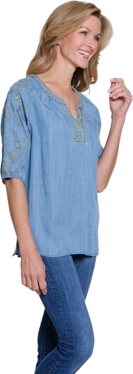 MULTIPLES Women's Elbow Raglan Sleeve Notch Neck Band Collar Hi-Lo Top with Embroidery, Multi - Image 2