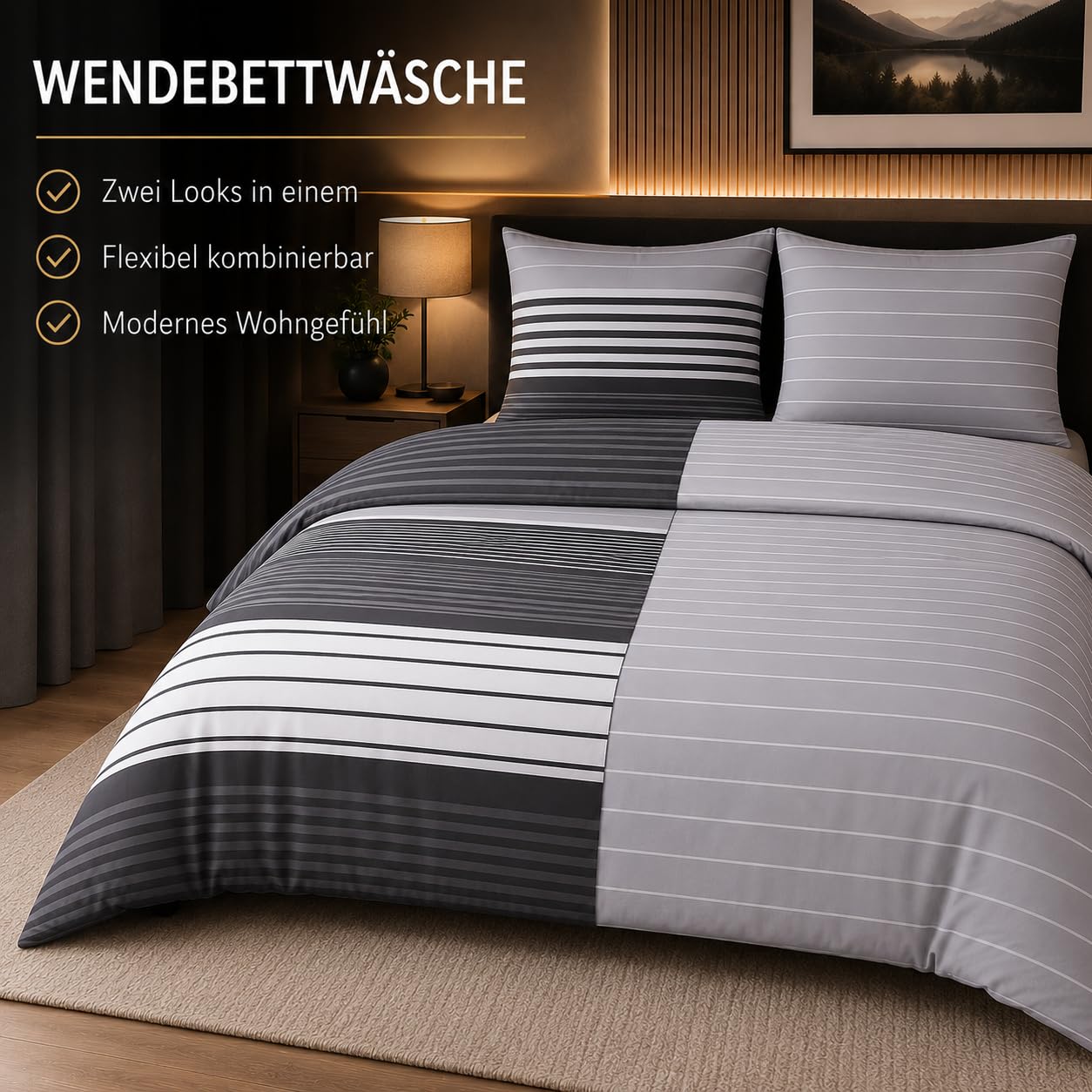 Leonado Vicenti Bettwäsche 4 teilig 135x200 Baumwolle Renforcé Grau Streifen Wendebettwäsche mit Reißverschluss
