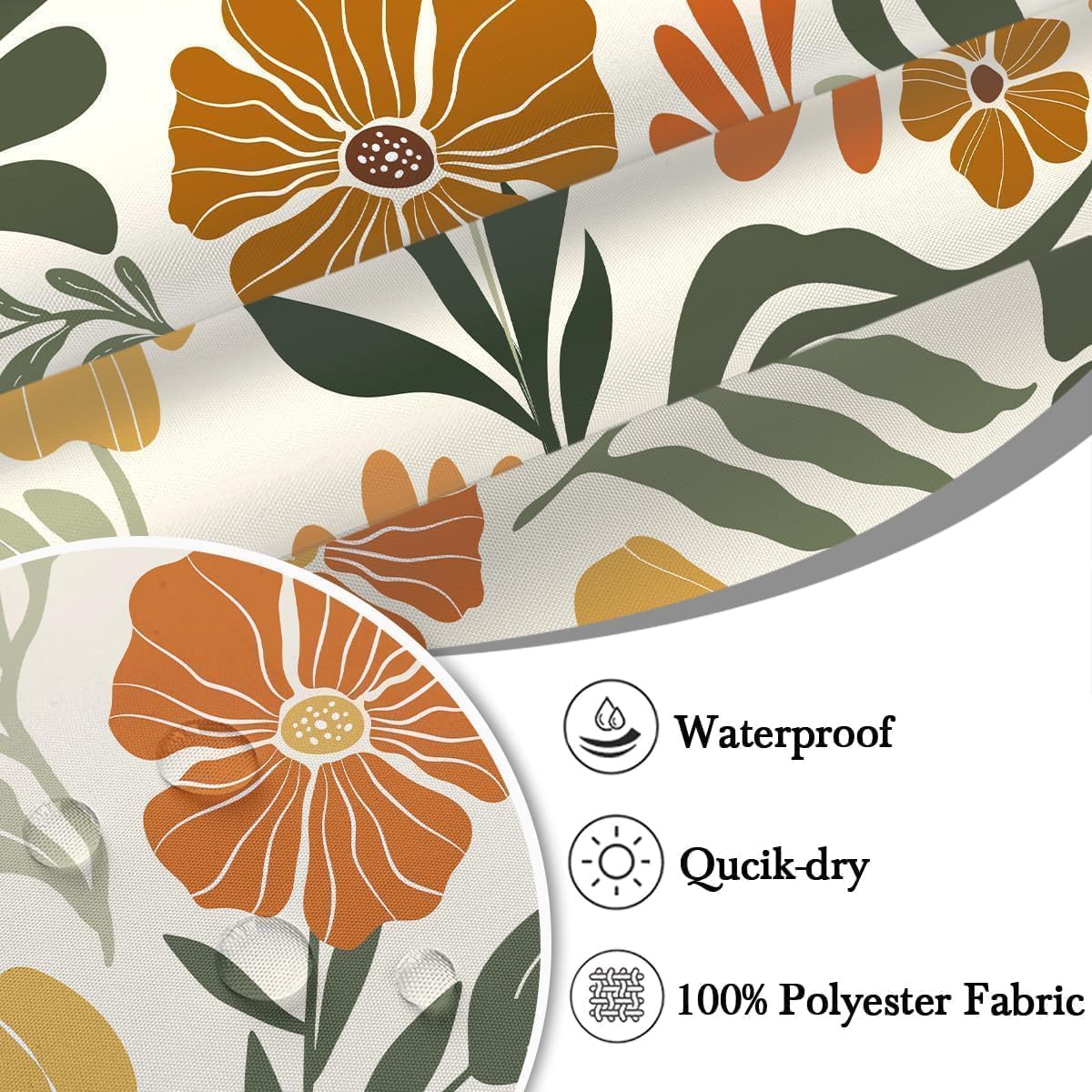 Boho Shower Curtain Sets 4PC Cute Abstract Floral Fun Orange Vintage Retro Rustic Farmhouse Country Funky Wildflower Bathroom Rugs and Accessories Bath Mat U Shape and Toilet Lid Cover Decor