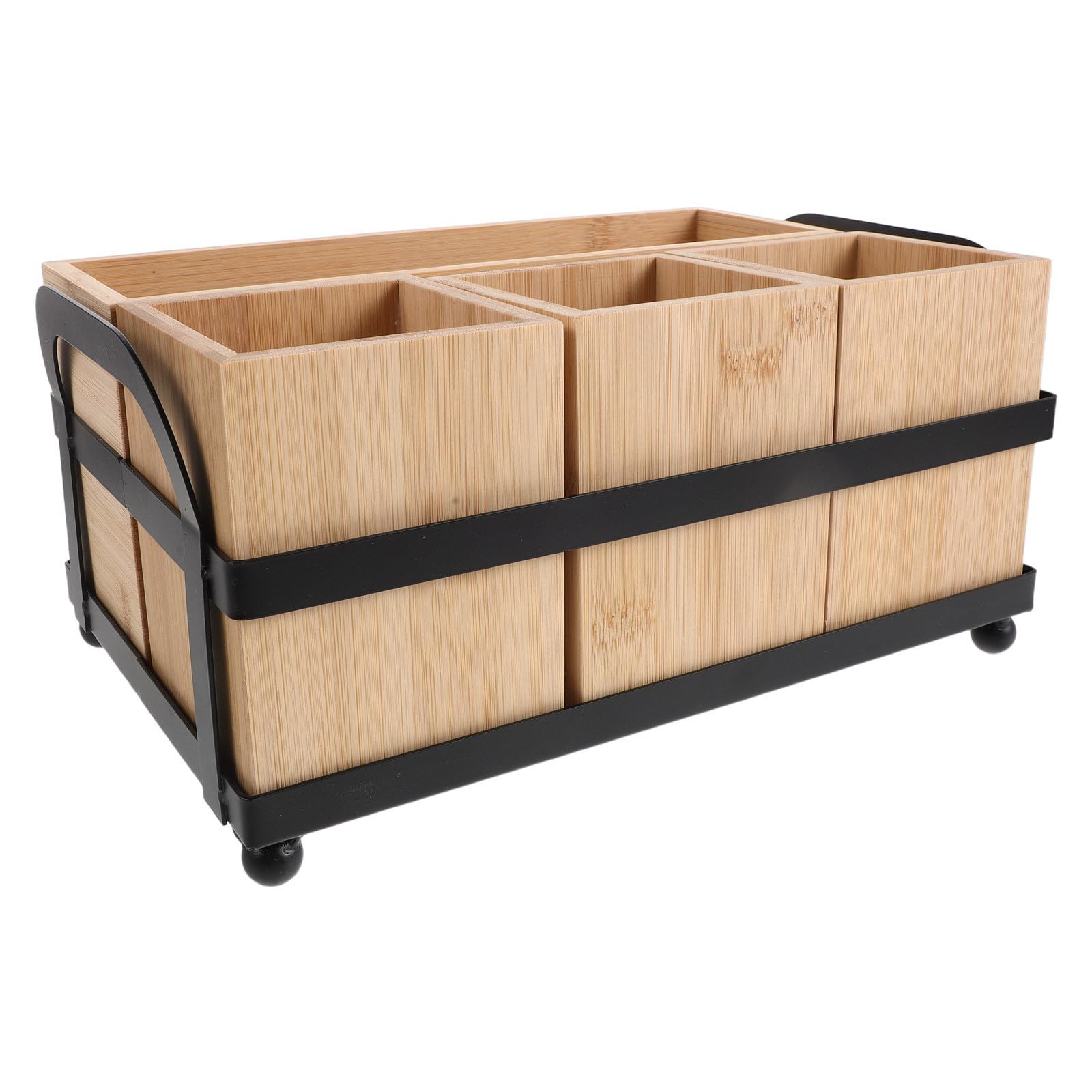 Caja Organizadora de Utensilios de Madera Almacenamiento Fácil y Portátil con 4 Compartimentos Diseño Rústico y Moderno para Cubiertos en Cocina o Baños