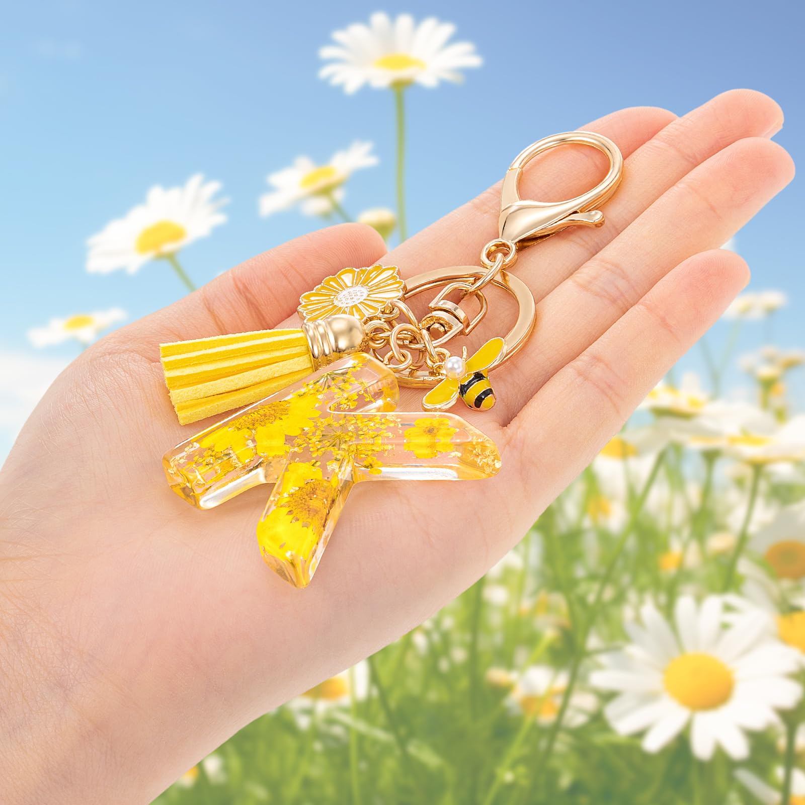 MWOOT Initial Letter Keychain Resin Alphabet Keyrings,Yellow Petals Gold Foil Key Ring Key Chain Charm