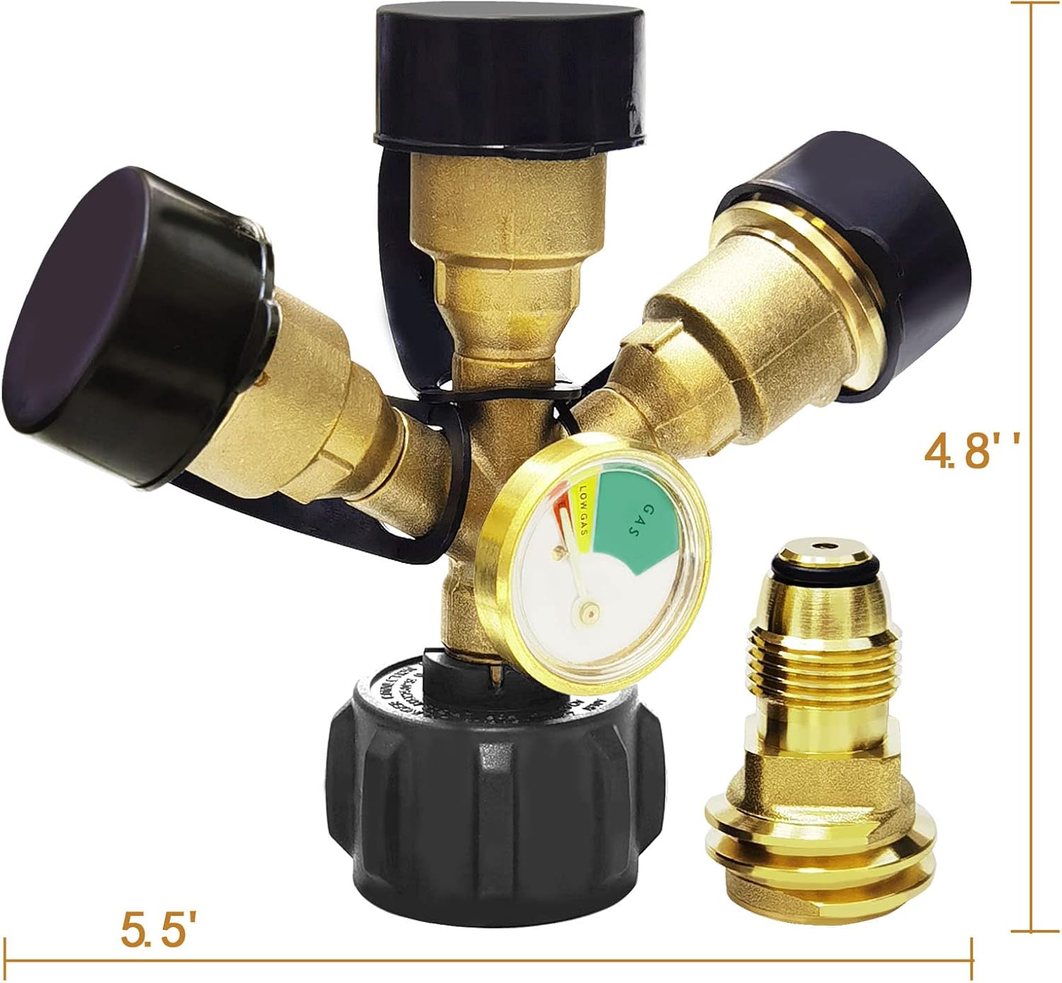 3 Way Tank Propane Splitter QCC/POL with Gauge and Shut-Off Valve, Y Splitter Adapter Propane LP Tank Fuel Tee Gauge Adapter Fitting 3 Way Propane Gas Splitter for Propane Tank，RV BBQ Grills Camping