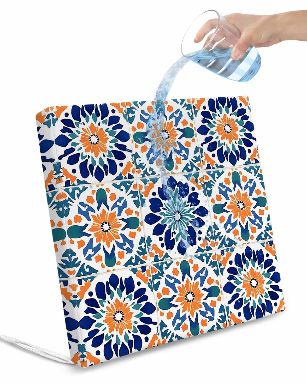 2 Pack Colorful Flowers Waterproof Cushion Covers with Ties, Outdoor Patio Chaise Lounge Chair Seat Cushion Slip Covers Replacement(Only Cover) Boho Ethnic Abstract Floral Plaid 22