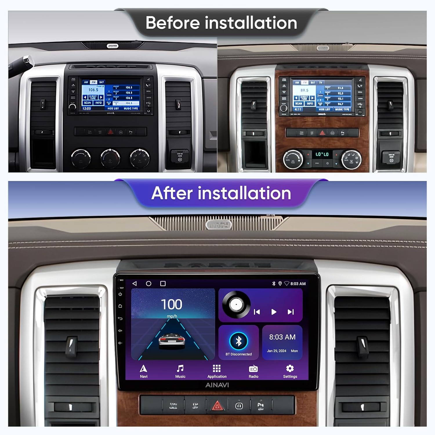 Before and after installation of the AINAVI car stereo in a Dodge Ram dashboard