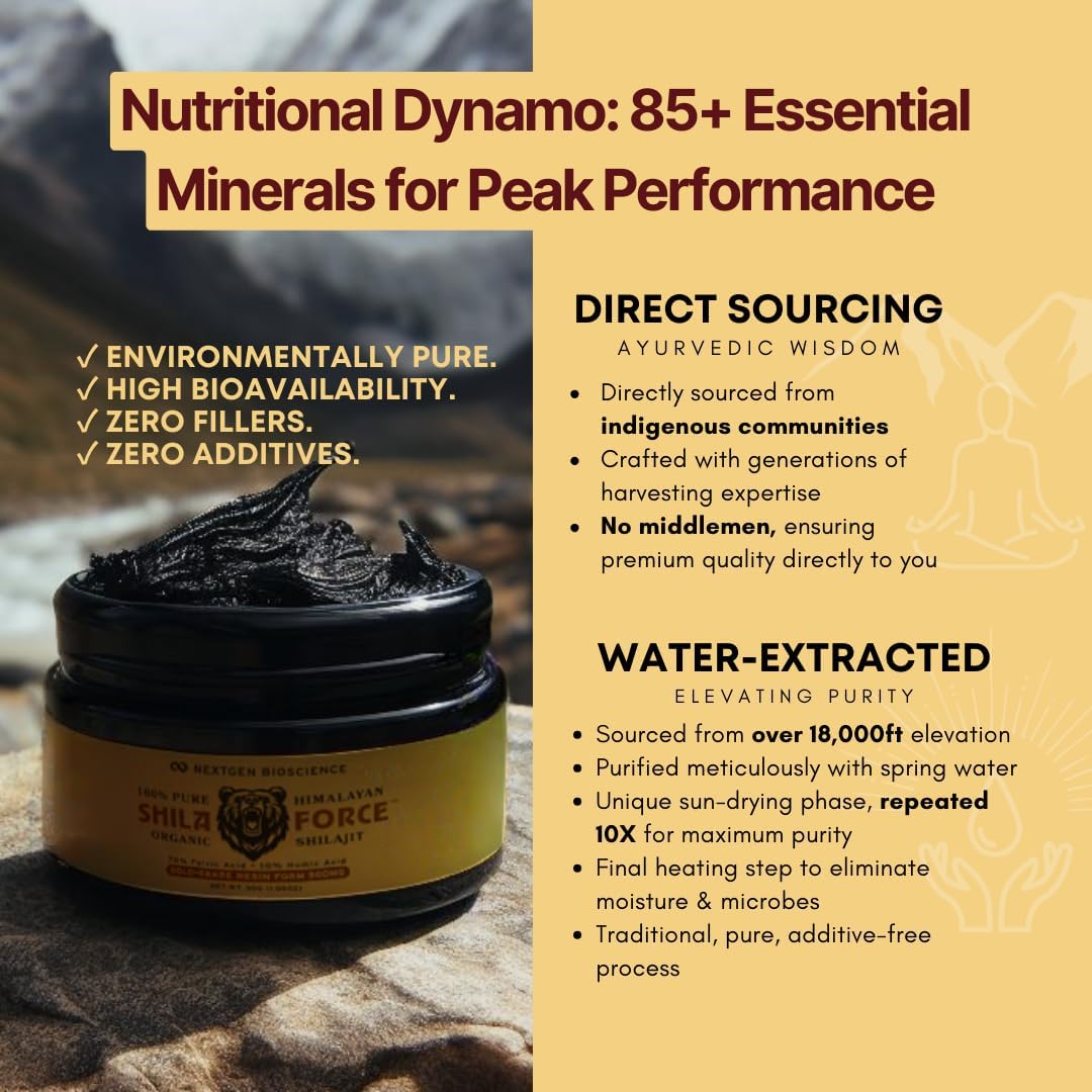 ShilaForce™ Shilajit Pure Gold-Grade Wild-Harvested Himalayan Organic Live Resin - 500mg 70% Fulvic Acid & 10% Humic Acid with 85+ Trace Minerals, 30g Made in USA, Brown