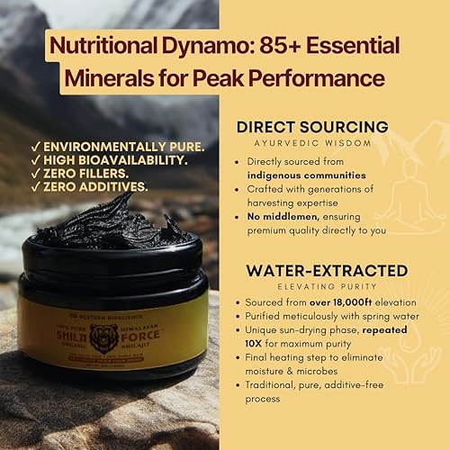 Miniatura 5 de ShilaForce Shilajit - Resina viva orgánica orgánica del Himalaya cosechada en estado silvestre de grado dorado, 500 mg, 70% ácido fúlvico y 10%