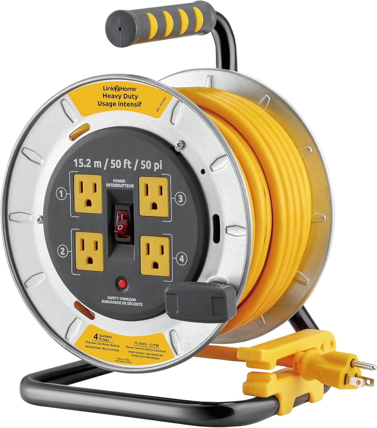 Link2Home 50 ft. 12/3AWG 13AMP Heavy-Duty Professional Grade Metal Extension Cord Reel with 4-Grounded Outlets Overload EM-CG-500BY