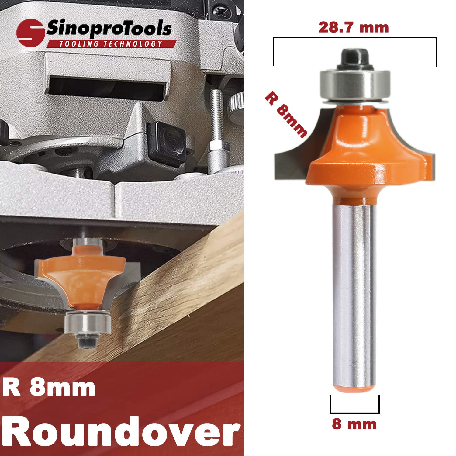 Fraise arrondie de 8 mm, fraise ronde standard rayon 8 mm, fraise arrondie avec roulement à billes, fraise arrondie pour fraise à bord/table de fraisage (tige Ø 8 mm, R8)