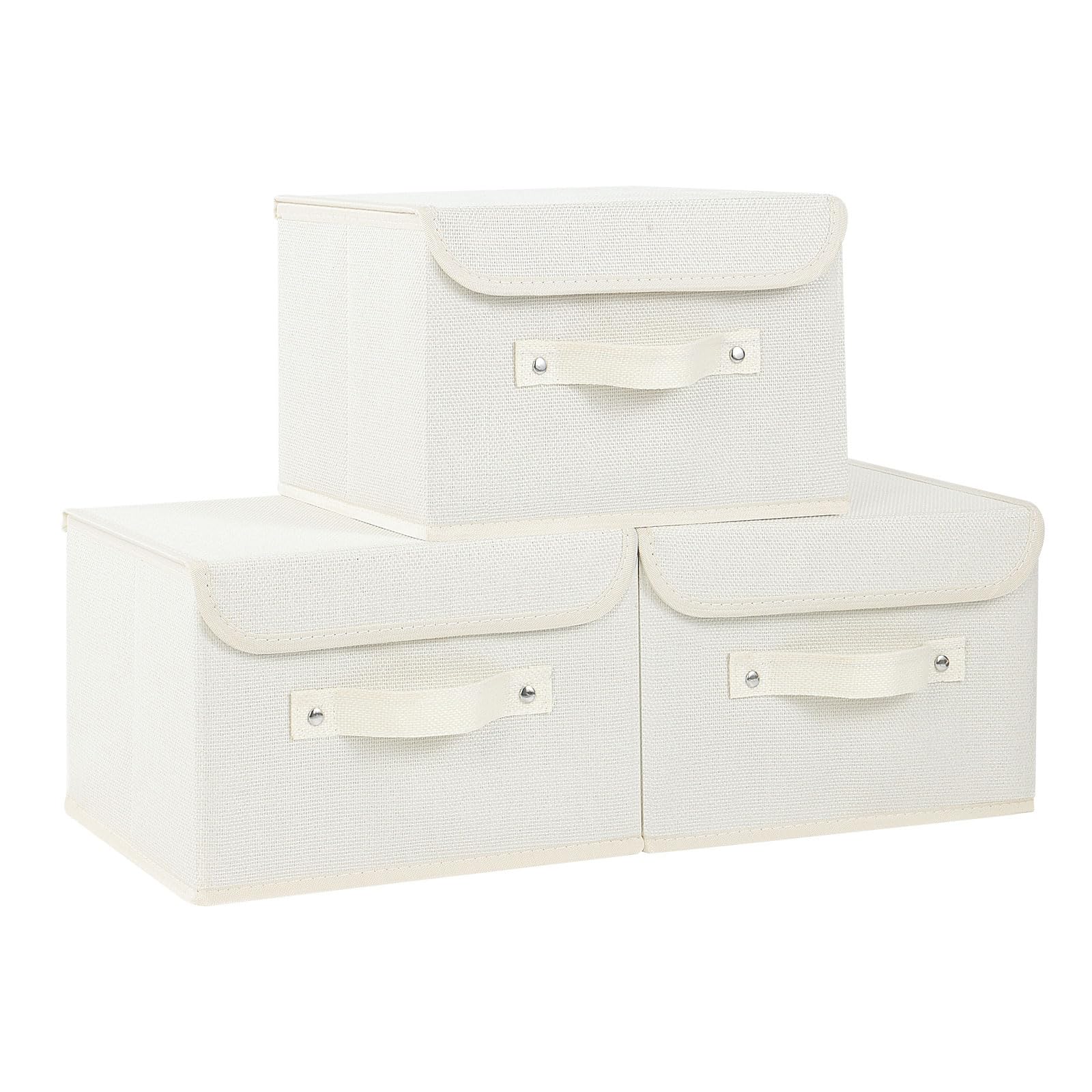 3 Piezas Caja de Almacenamiento Abatible de Tejidos con Tapa, Organizador de Cajones con Mango, Adecuada Para Habitaciones, Dormitorio, Oficina, 26×20×17cm, Beige