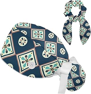 Vcedizo Working Cap with Button Sweatband, Dark Blue Tiles Surgical Surgery Hats Ponytail Holder