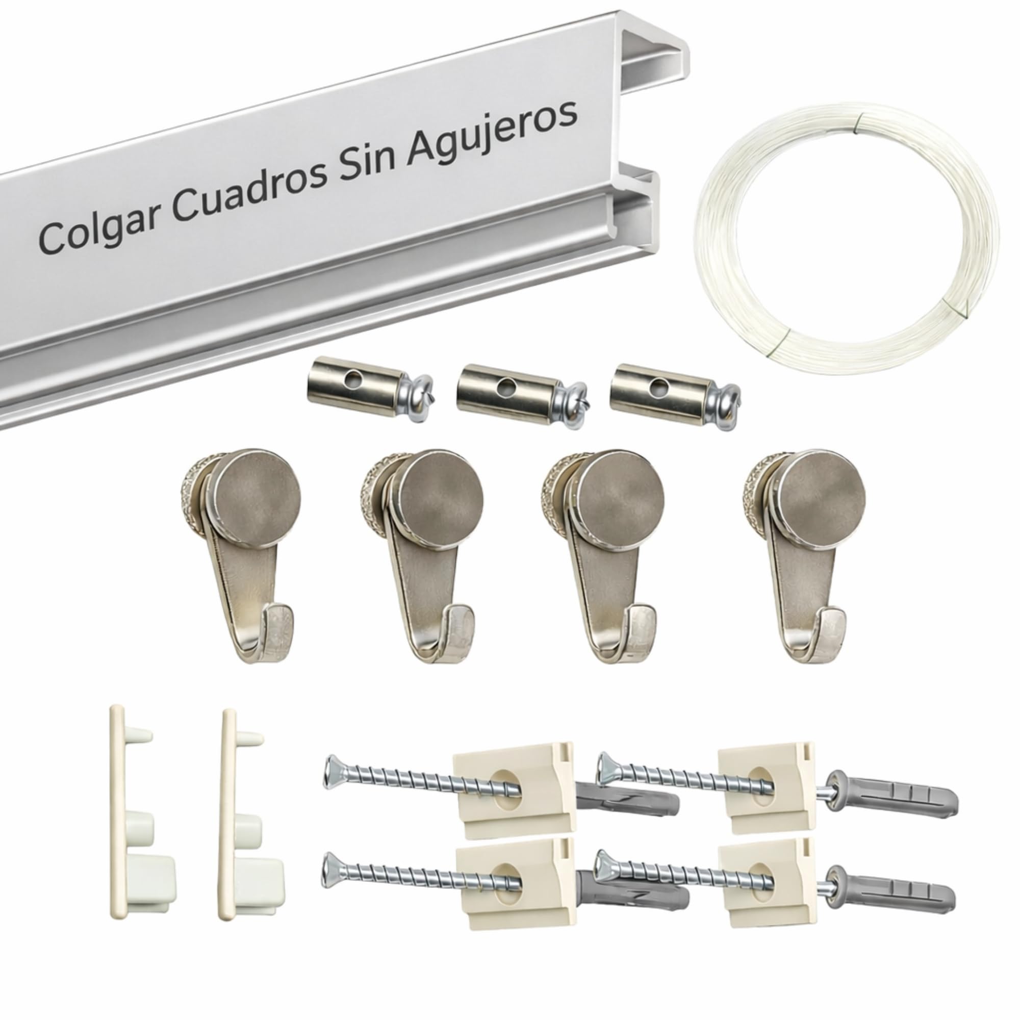 Colgar cuadros sin agujeros - Pack Basic RM | Ganchos para colgar incluidos | Guía de aluminio 150 cm | Soporta hasta 35 kg/ml | Ideal oficinas, galerías y bibliotecas (Guia Plata, 150cm)