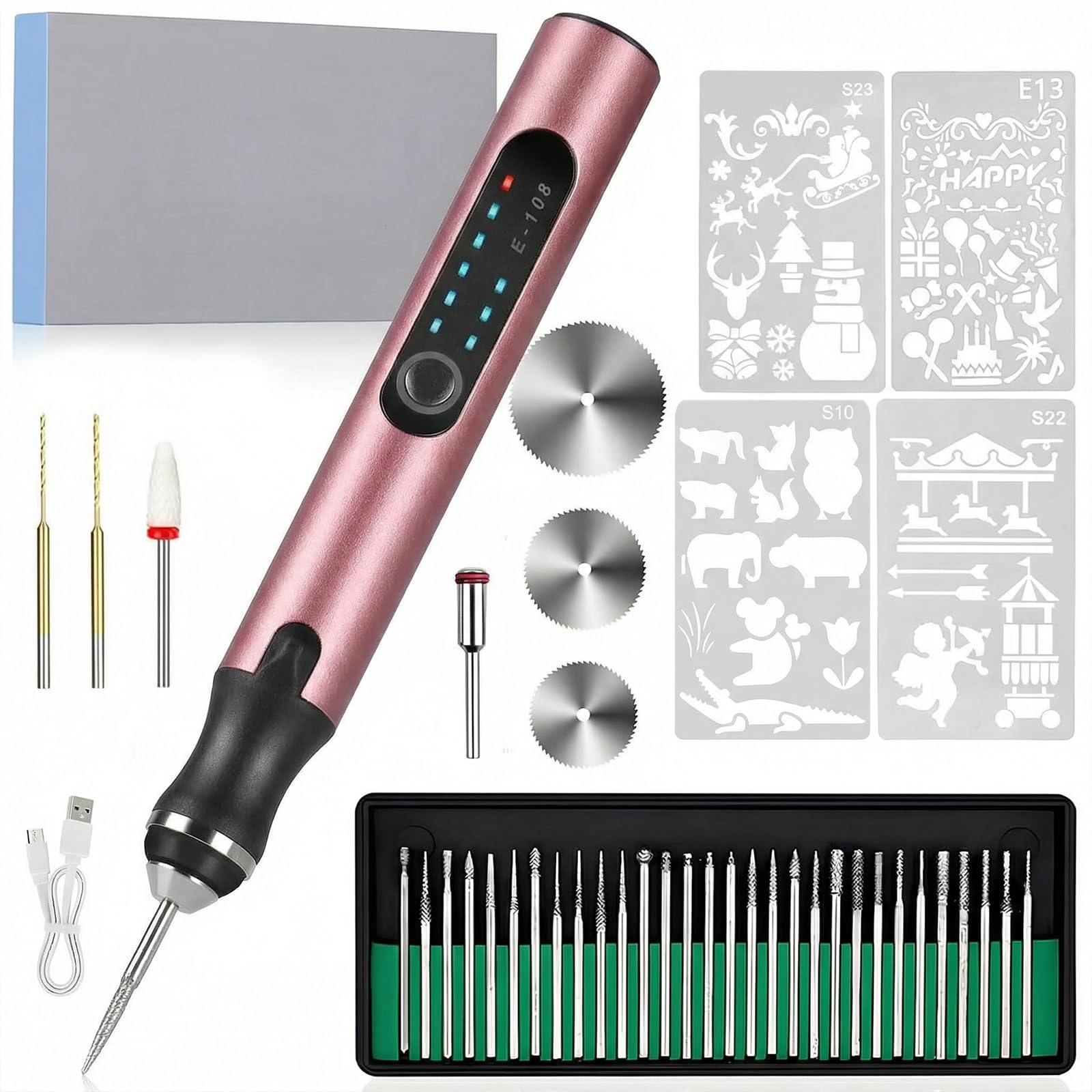 Bolígrafo de grabado inalámbrico, kit de herramientas de grabado eléctrico de 3 velocidades, graba más de 50 superficies, con 30 brocas pequeñas, 7 accesorios de molienda y 5 plantillas de grabado