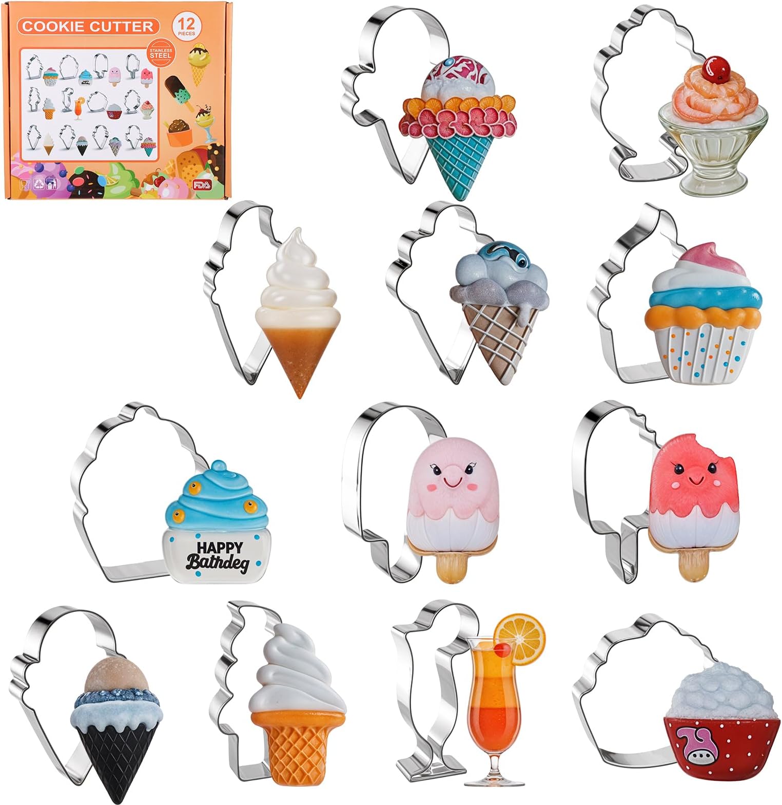 – 12 Pcs Ice Cream Cone Cookie Cutter Set, Cookie Cutter Stainless Steel Metal Cookie Molds for Making Popsicle, Soft Serve Ice Cream, Sundae, Cupcake