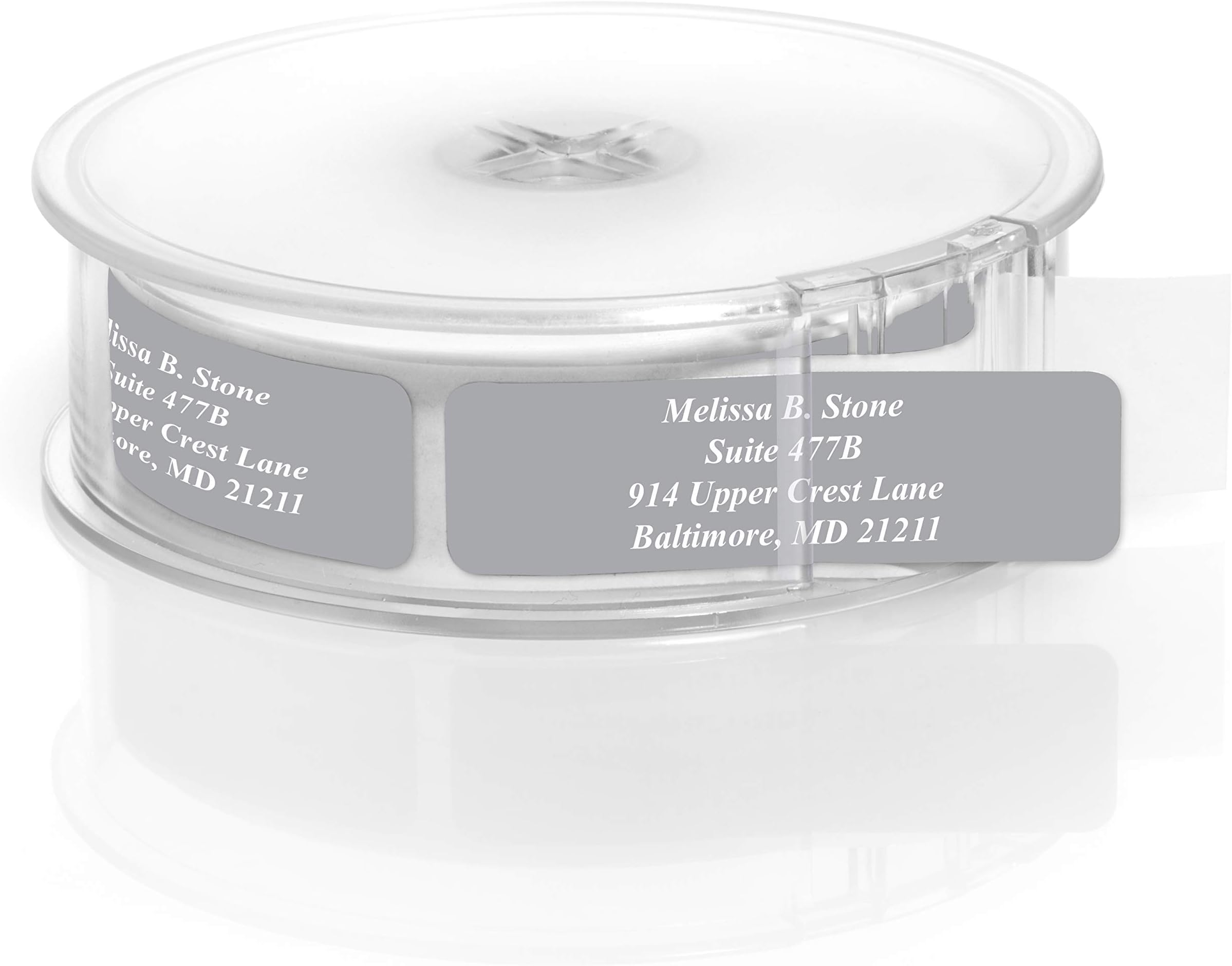 Gray Colored Personalized Address Labels with White Print and Elegant Plastic Dispenser - Roll of 250