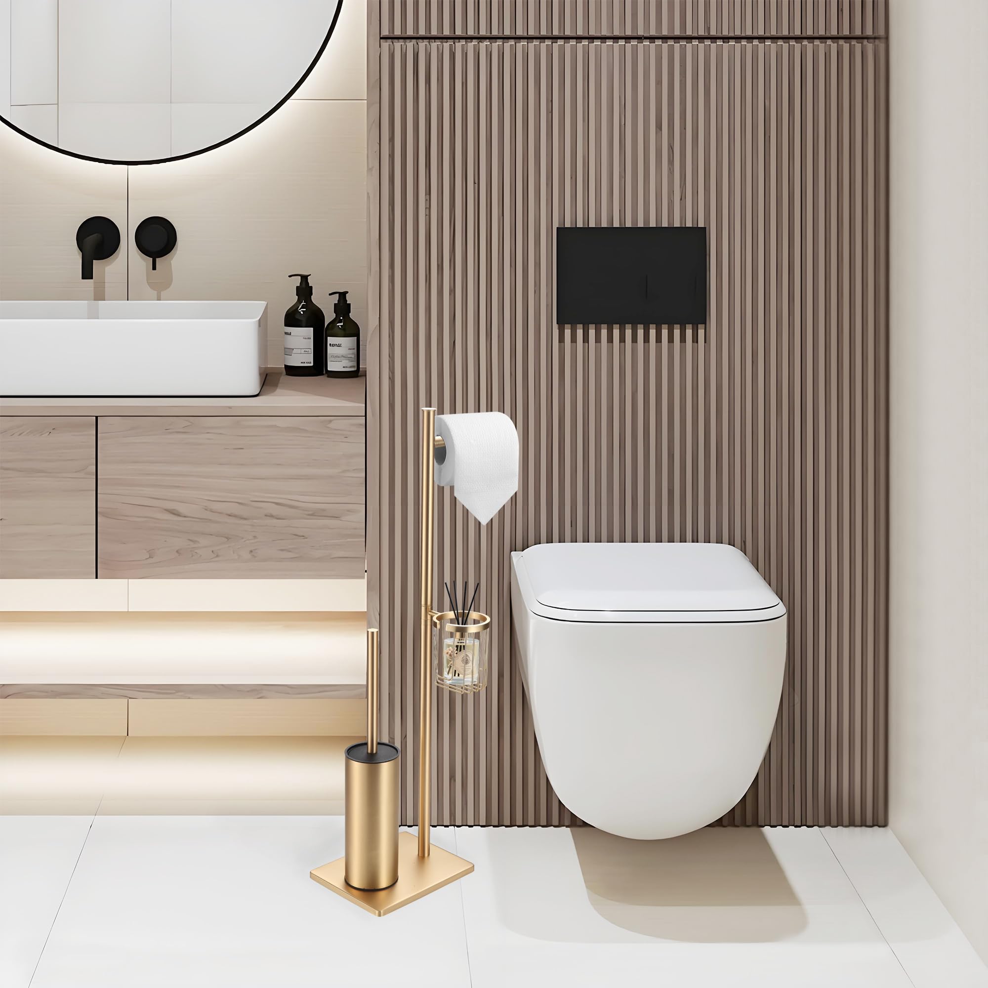 DAZI Klobürste mit Toilettenpapierhalter Set und praktischem Aufbewahrungskorb,WC-Bürste freistehend Edelstahl,3-in-1 Wc-Garnitur im minimalistischen und platzsparenden Design (Gebürstetes Hellgold)