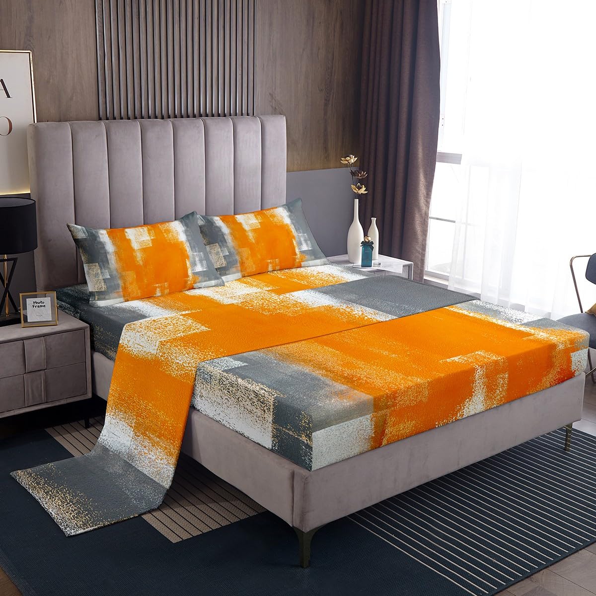 White Orange Grey Bedding Set Queen Grunge Watercolor Ombre Bed Sheets Abstract Gradient Sheet Set For Adults Men