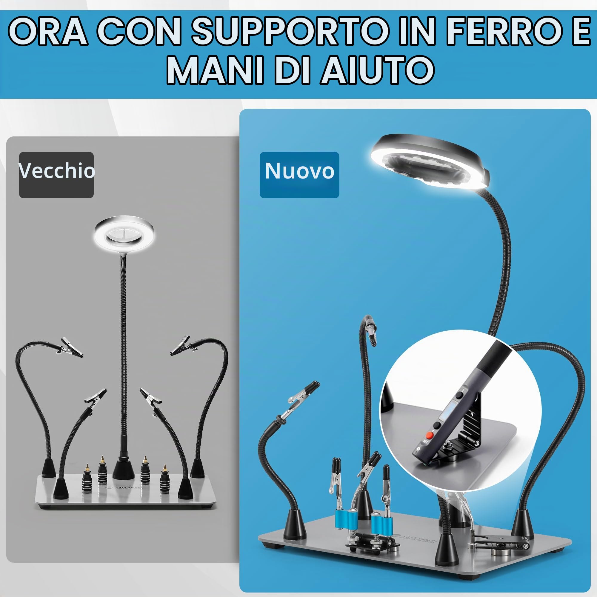 Sainsmart Supporto per saldatura PCBH v2, Stazione di saldatura magnetica, nuovo saldatore e mini porta clip, ingrandimento 5x LED integrato, 6 bracci a collo d'oca regolabili