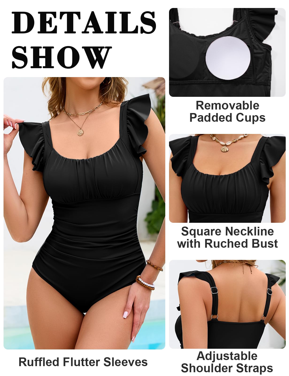 Svanco Costume Intero Donna con Maniche A Volant – Scollatura Quadrata con Busto Arricciato – Costume Modellante Contenitivo Vita con Coppe Integrate