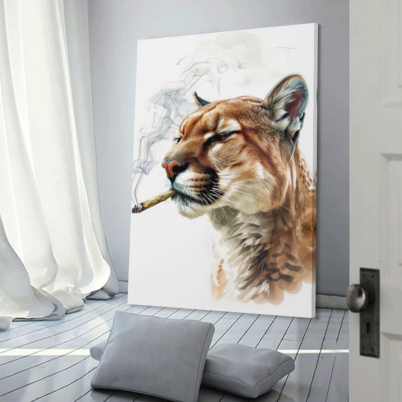 Junmoney Smoking Cougar Hanging Wall Art, 12x18inch(30x45cm), for Gallery Wall Decor And Room Displays, Home Wall Art for Statement Displays