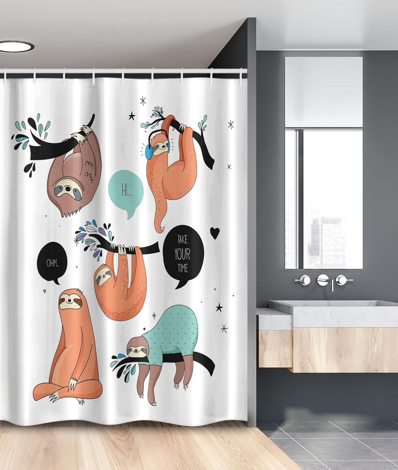 Ambesonne Animal Stall Shower Curtain, Cartoon Style Illustration Tribe of Sloths Smiles Sleeping Lazy Does Yoga Words, Fabric Bathroom Decor Set with Hooks, 54" W x 78" L, Multicolor