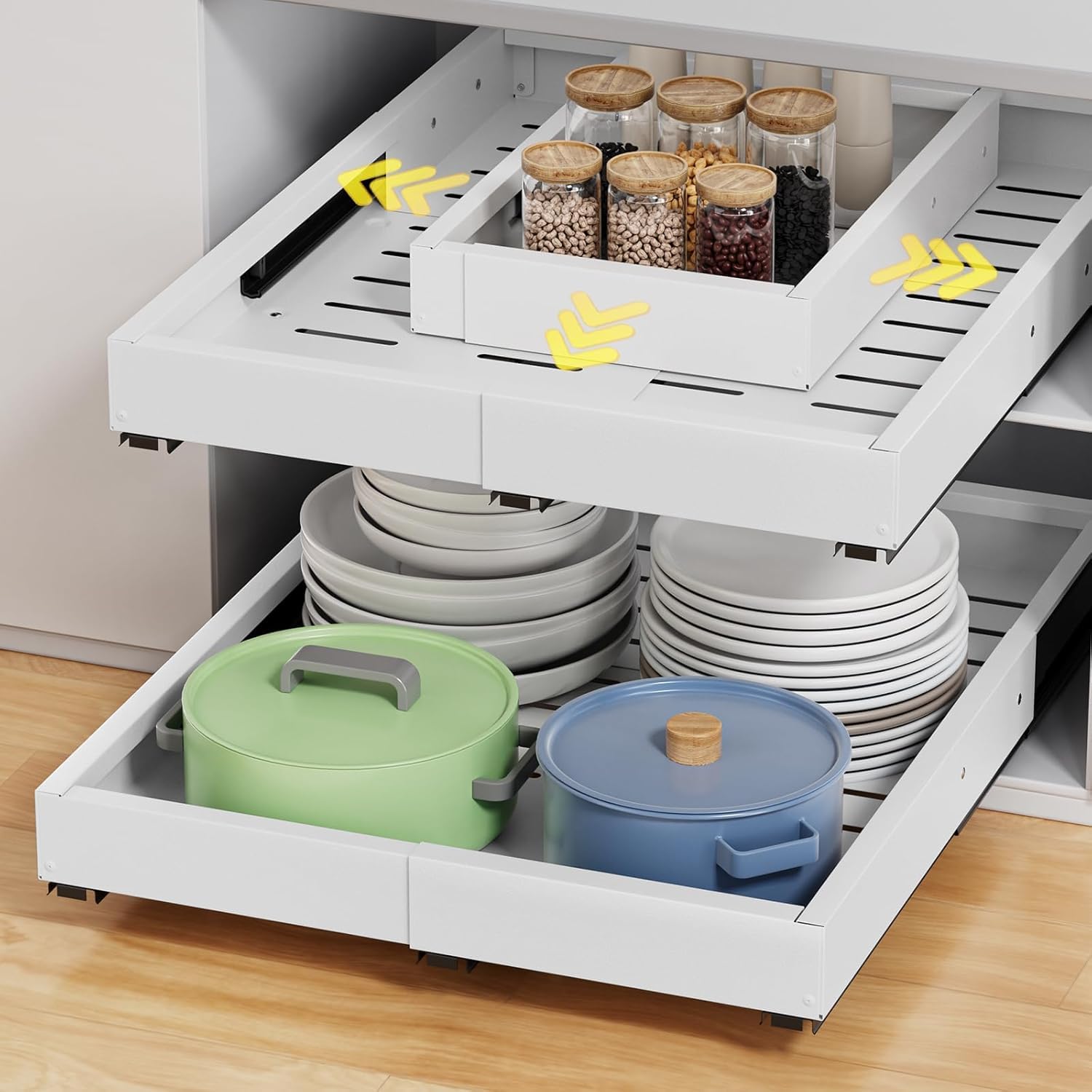 2 Stück 4 Richtungen Teleskopschublade ausziehbare Schublade Küche Ausziehbarer Schrank Organizer Metall Schrank-Schubladen-Organizer Breite 29–48 cm & Tiefe 42–55 cm