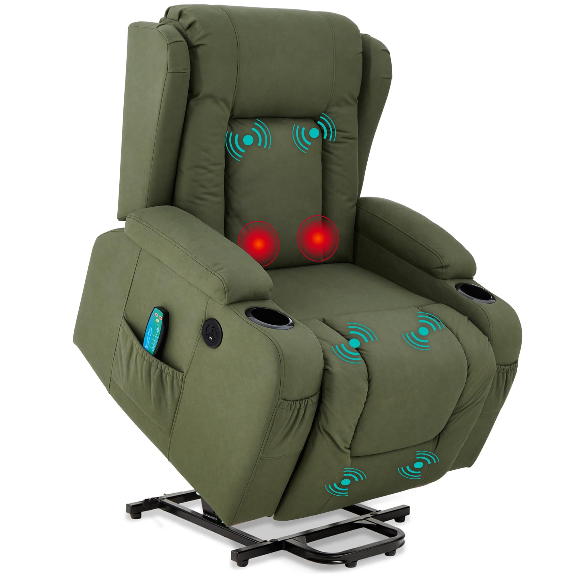 Best Choice Products PU Leather Electric Power Lift Chair, Recliner Massage Chair, Adjustable Furniture for Back, Legs w/ 3 Positions, USB Port, Heat, Cupholders, Easy-to-Reach Side Button - Olive