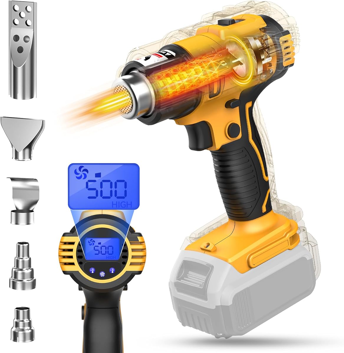 LIVOWALNY Cordless Heat Gun Compatible with Dewalt 20v Battery (No Battery), 350W 122℉-1022℉ Fast Heating Soldering Hot Air Gun with LCD Digital Display for Shrink Tubing, PVC Wrap, Craft, Epoxy Resin