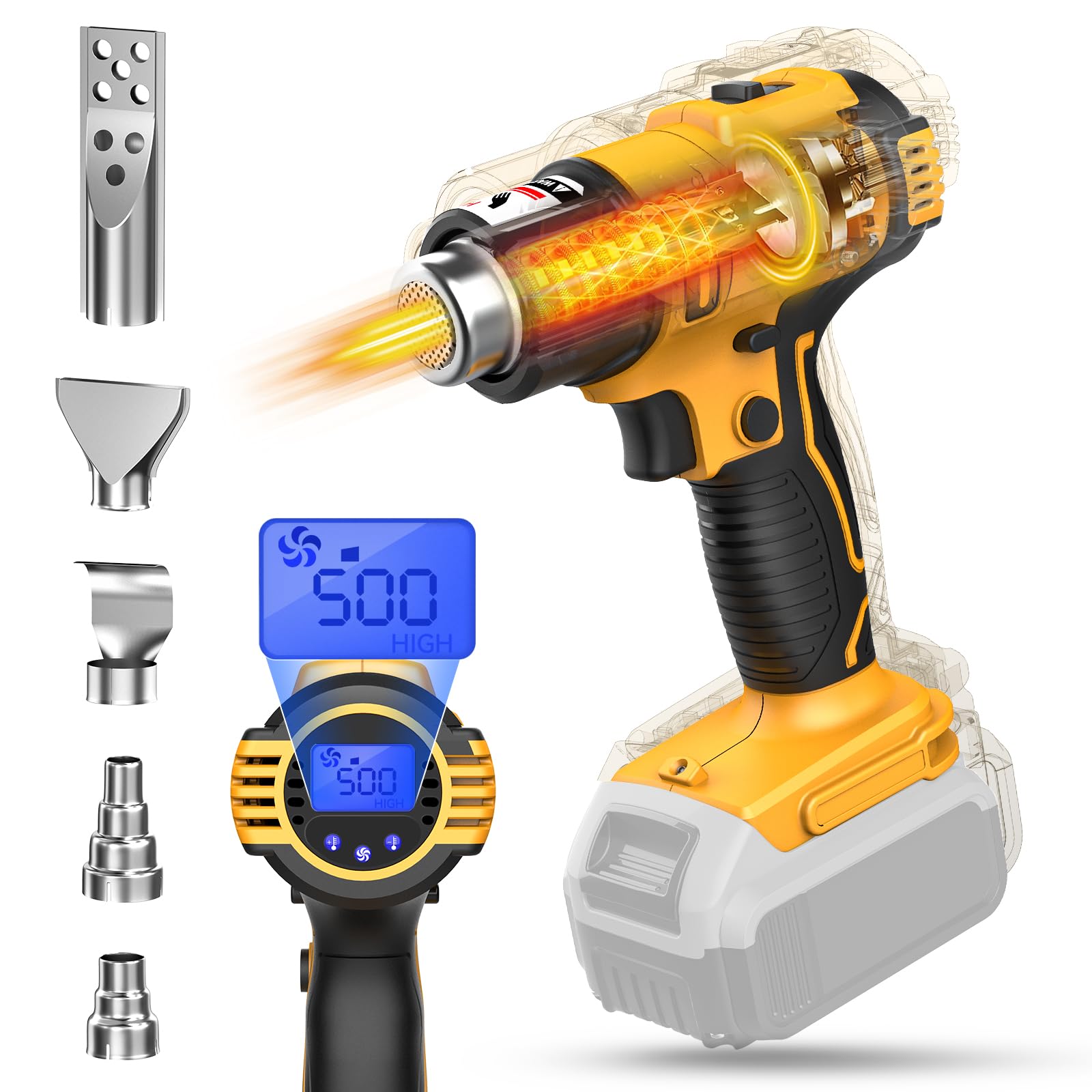 Cordless Heat Gun Compatible with Dewalt 20v Battery (No Battery), 350W 122℉-1022℉ Fast Heating Soldering Hot Air Gun with LCD Digital Display for Shrink Tubing, PVC Wrap, Craft, Epoxy Resin
