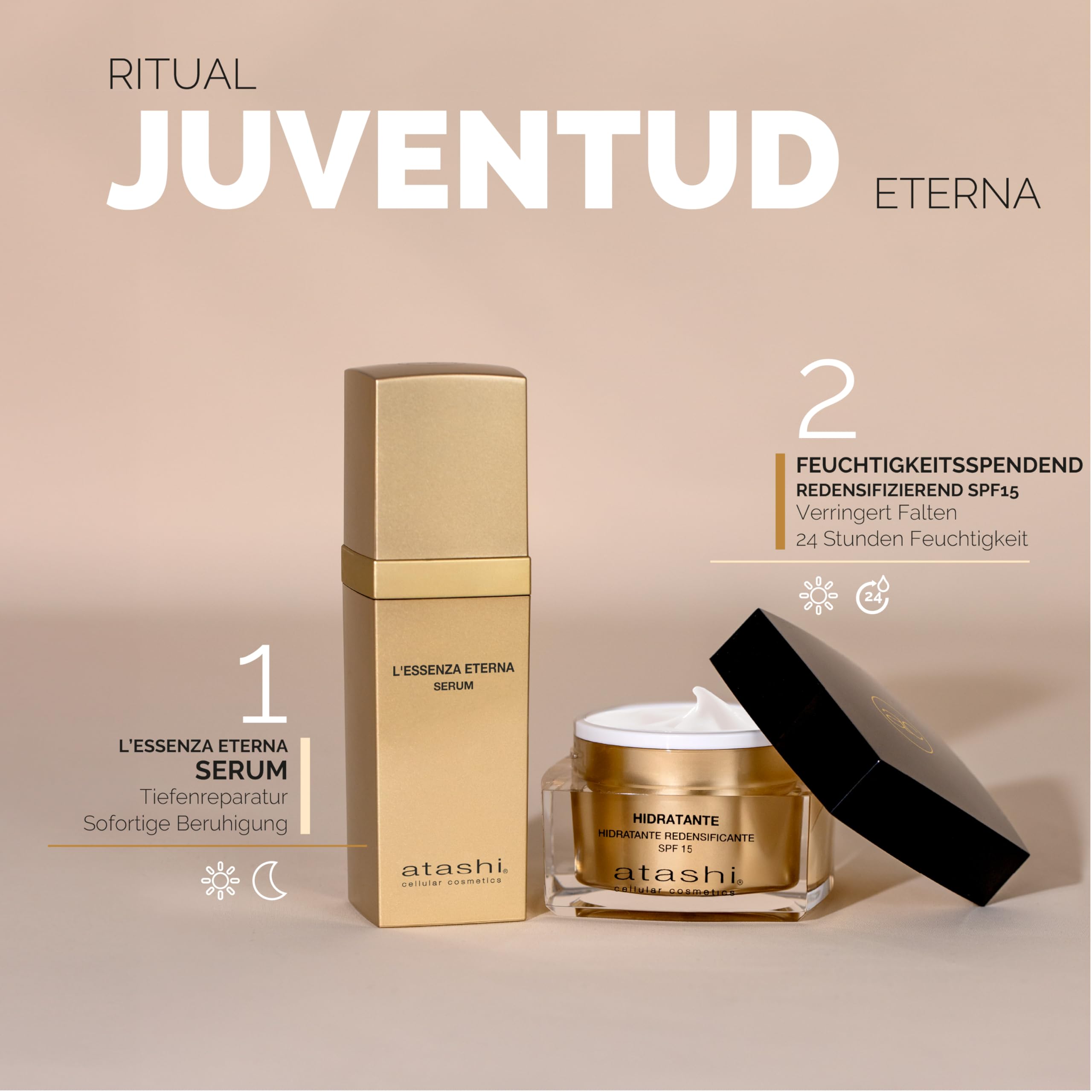 Atashi | Ewiges Jugend-Ritual | Anti-Aging-Serum L’Essenza Eterna + Redensifizierende Feuchtigkeitscreme SPF 15 + Weiße Lack-Kosmetiktasche als Geschenk | Verjüngt und Schützt Ihre Haut | 30 ml + 50 m