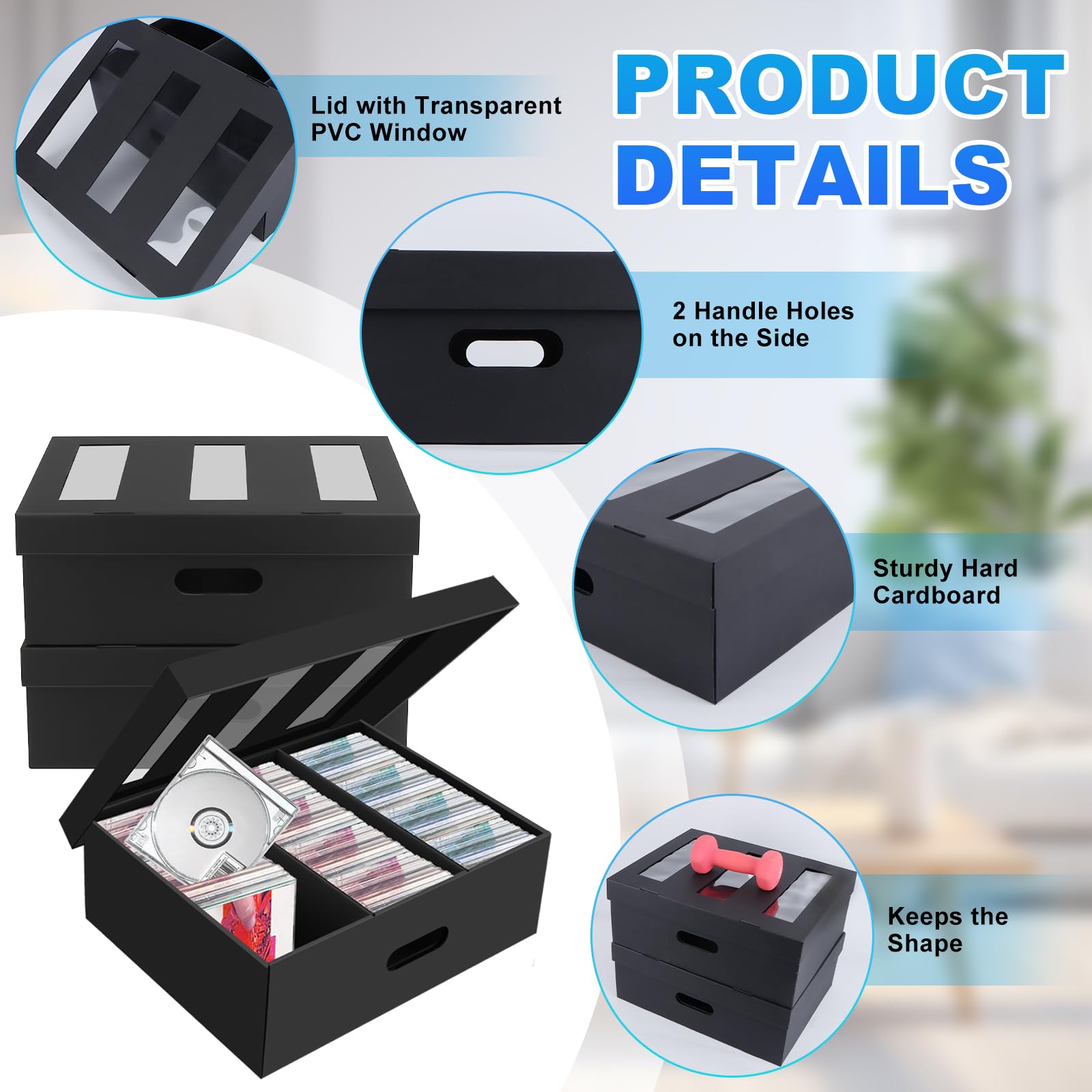 3 Pack CD Storage Boxes with 3 Compartment, CD Case Storage Cardboard DVD Case Holder with PVC Clear Lid, Each Holds 90 CDs in Full Jewel Cases,180 CDs in Slim Cases, 495 Discs in Sleeves - 5