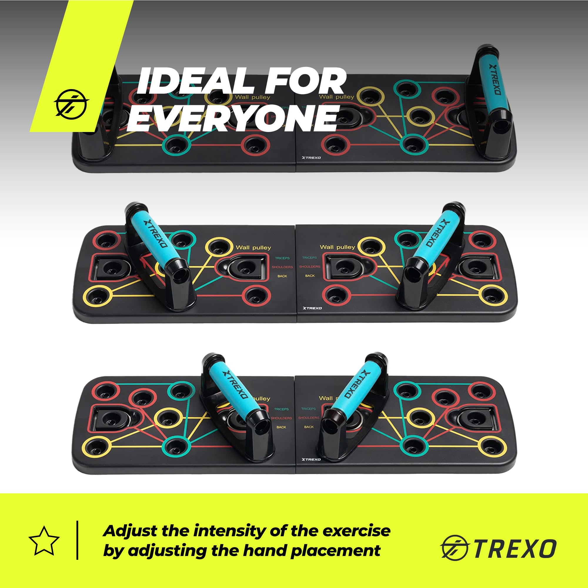 XTREXO Wielofunkcyjna deska do pompek w kolorze czarnym, z kodami kolorystycznymi, urządzenie do fitnessu z tworzywa ABS i TP Comapect, 66 x 20 x 2 cm, uniwersalny trening siłowy, antypoślizgowe